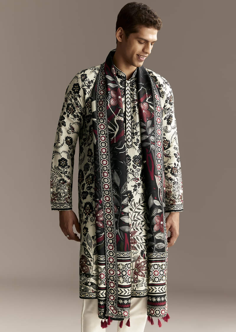 Off White Silk Kurta Set With Dupatta