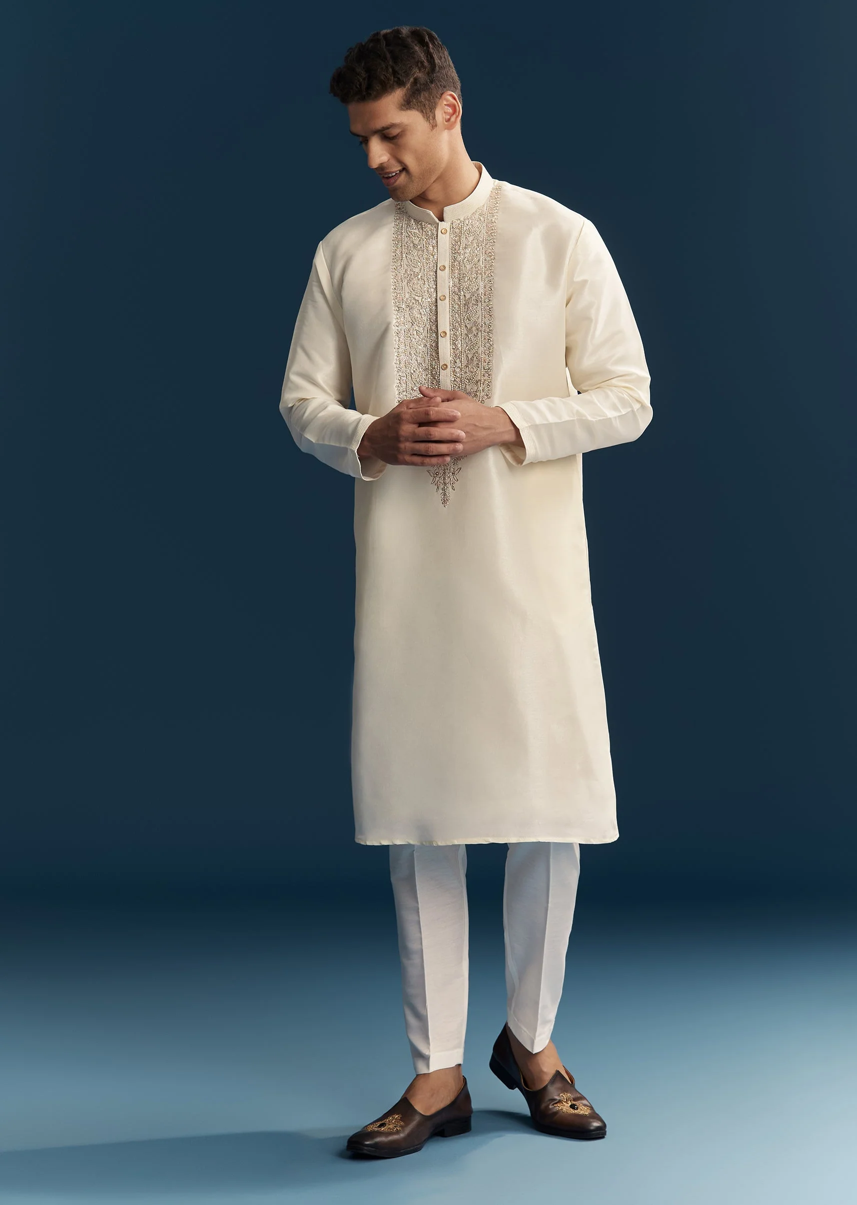 Off White Silk Kurta Set With Thread And Moti Detail Work