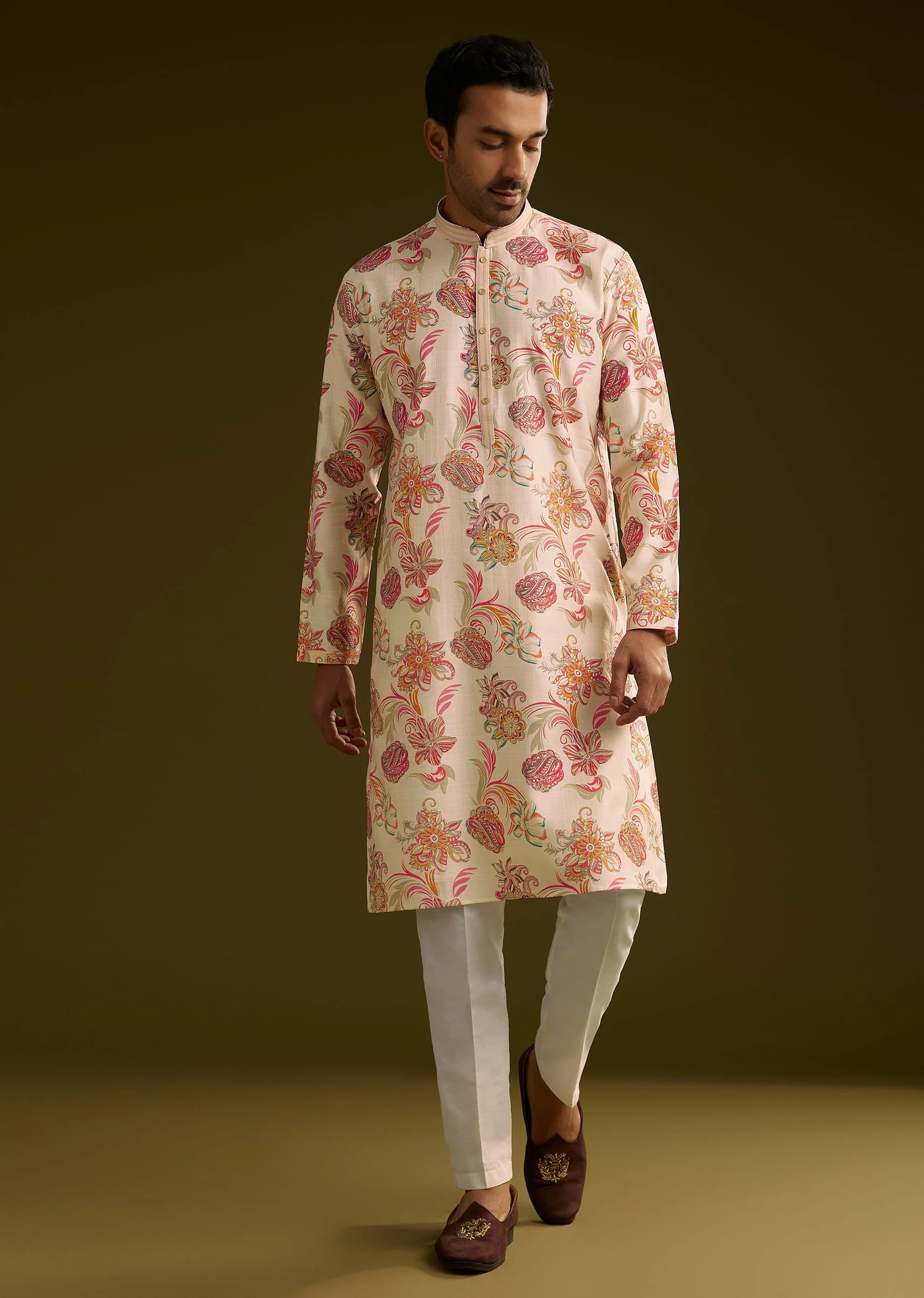 Off White Silk Kurta Set With Warm Coloured Nature Motifs - Image 3