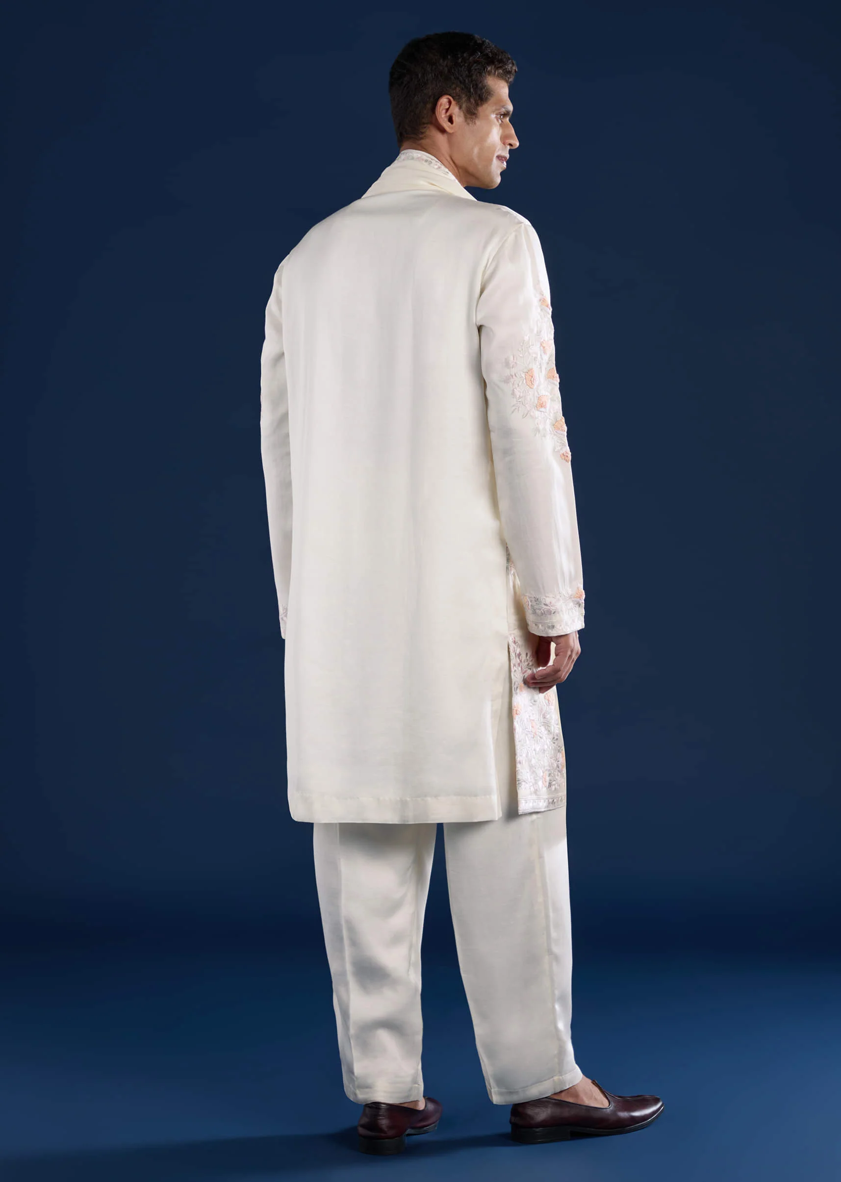 Off White Silk Linen Blend Mens Kurta Set with Dupatta - Image 5