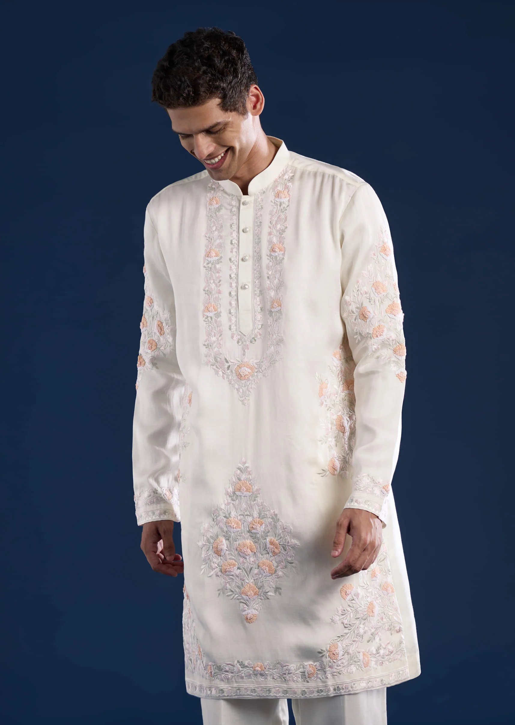 Off White Silk Linen Blend Mens Kurta Set with Dupatta - Image 6