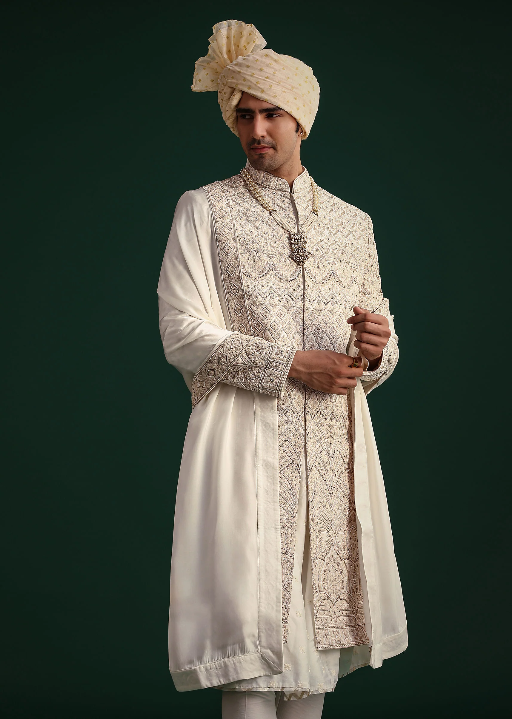 Off White Silk Threadwork Sherwani Suit With Dupatta And Mala - Image 4