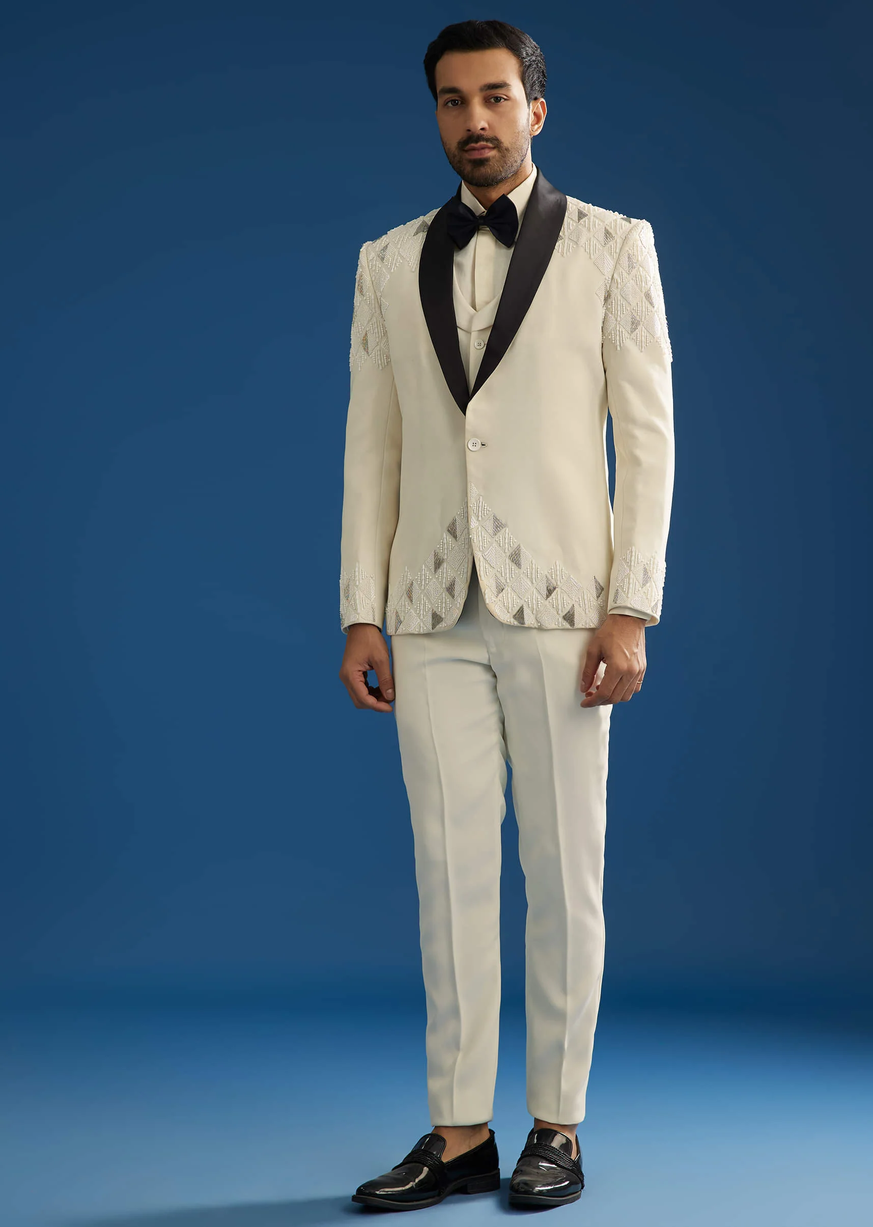 Off White Suiting Blazer Set With Beads And Cutdana Embroidery