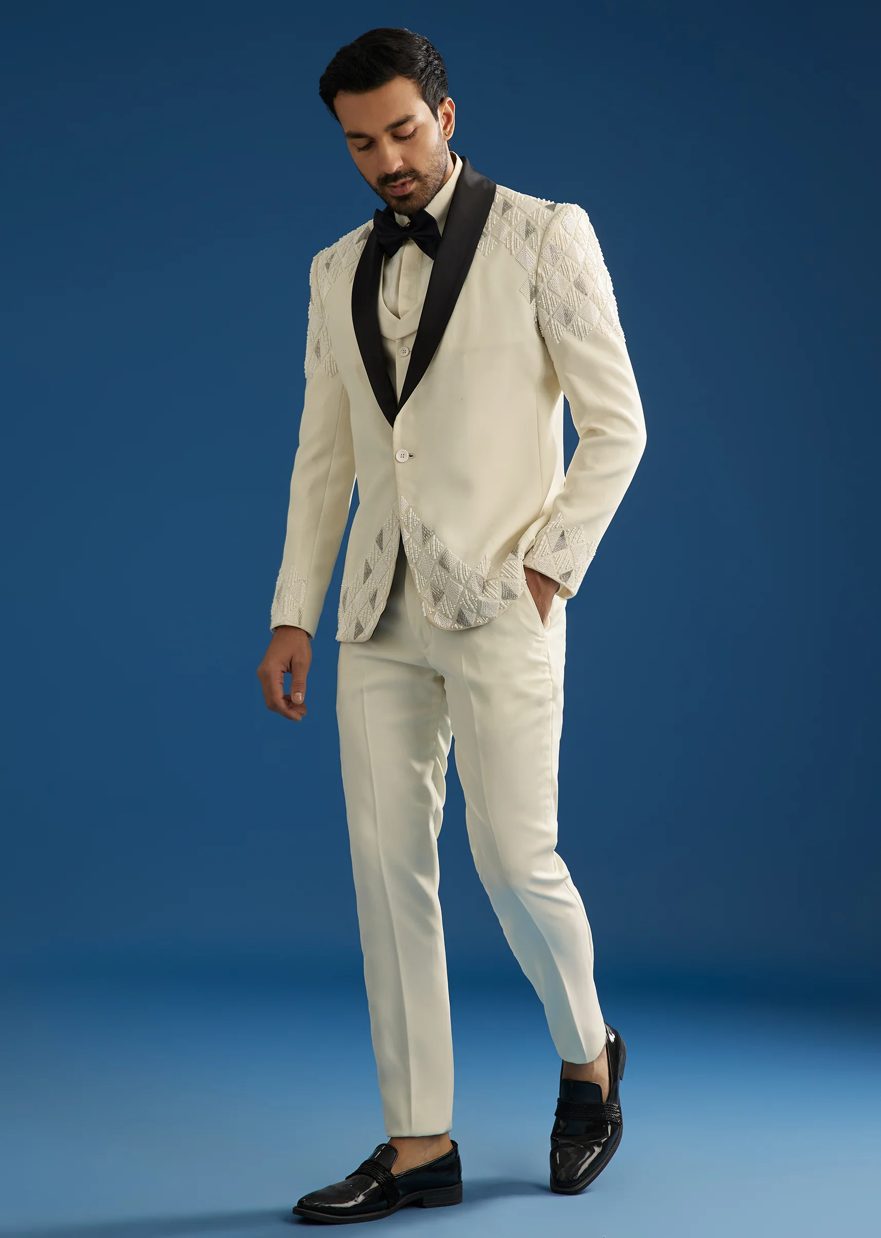 Off White Suiting Blazer Set With Beads And Cutdana Embroidery - Image 3