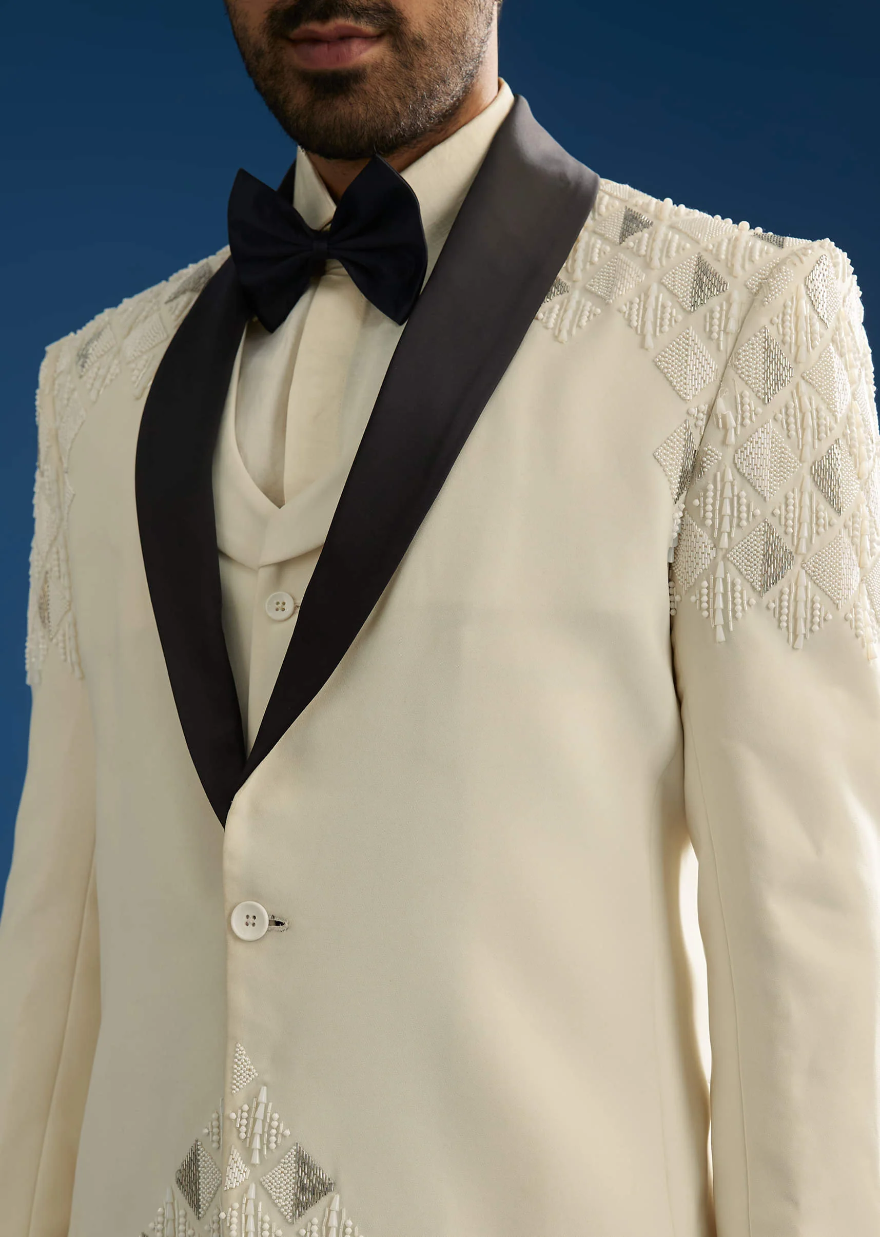 Off White Suiting Blazer Set With Beads And Cutdana Embroidery - Image 4