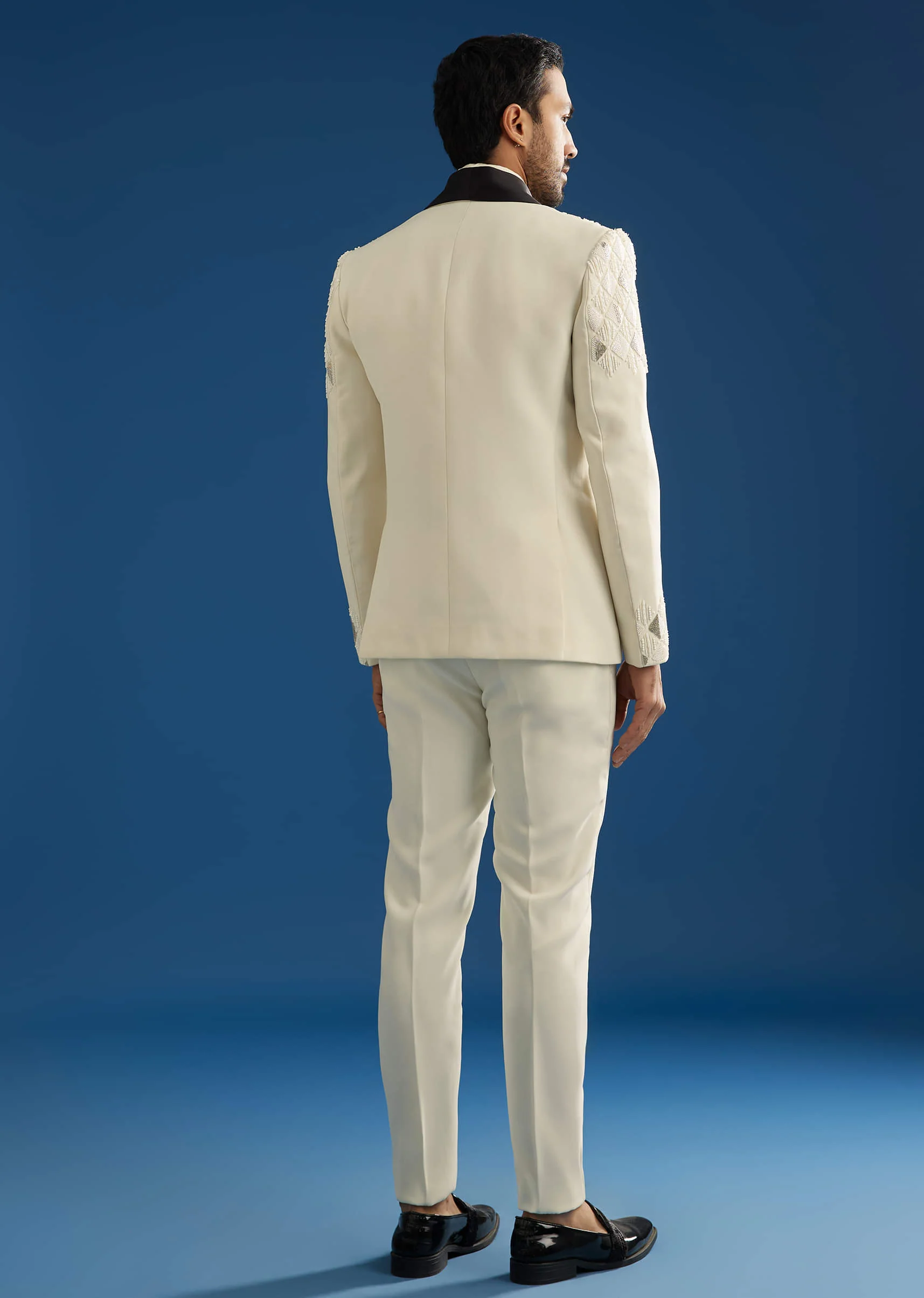 Off White Suiting Blazer Set With Beads And Cutdana Embroidery - Image 5