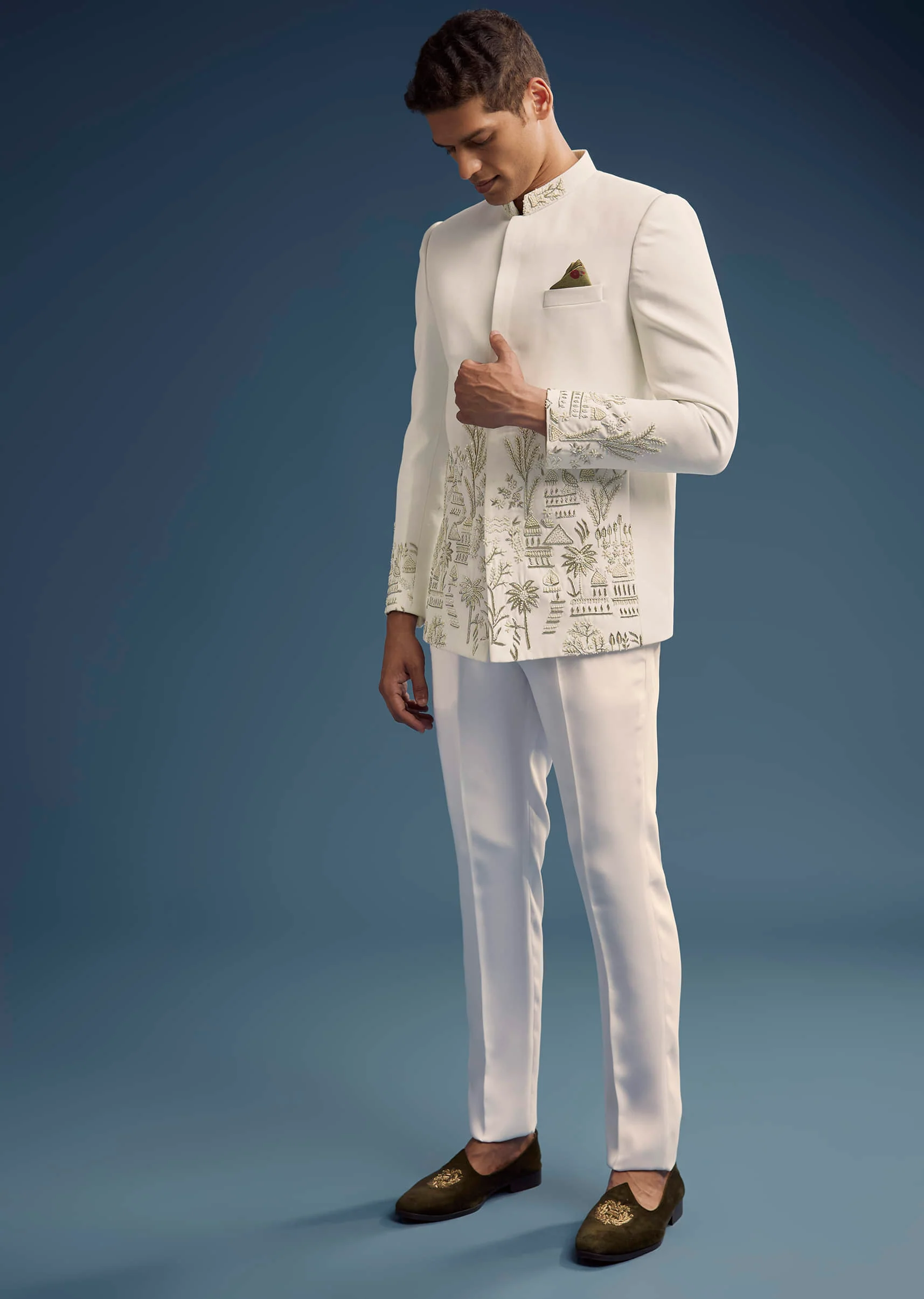 Off White Suiting Fabric Jodhpuri Suit For Men With Heavy Embroidery - Image 3