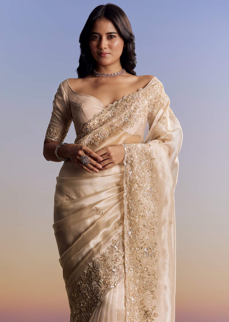Off White Tissue Saree With Cutdana Floral Embroidery - Image 5