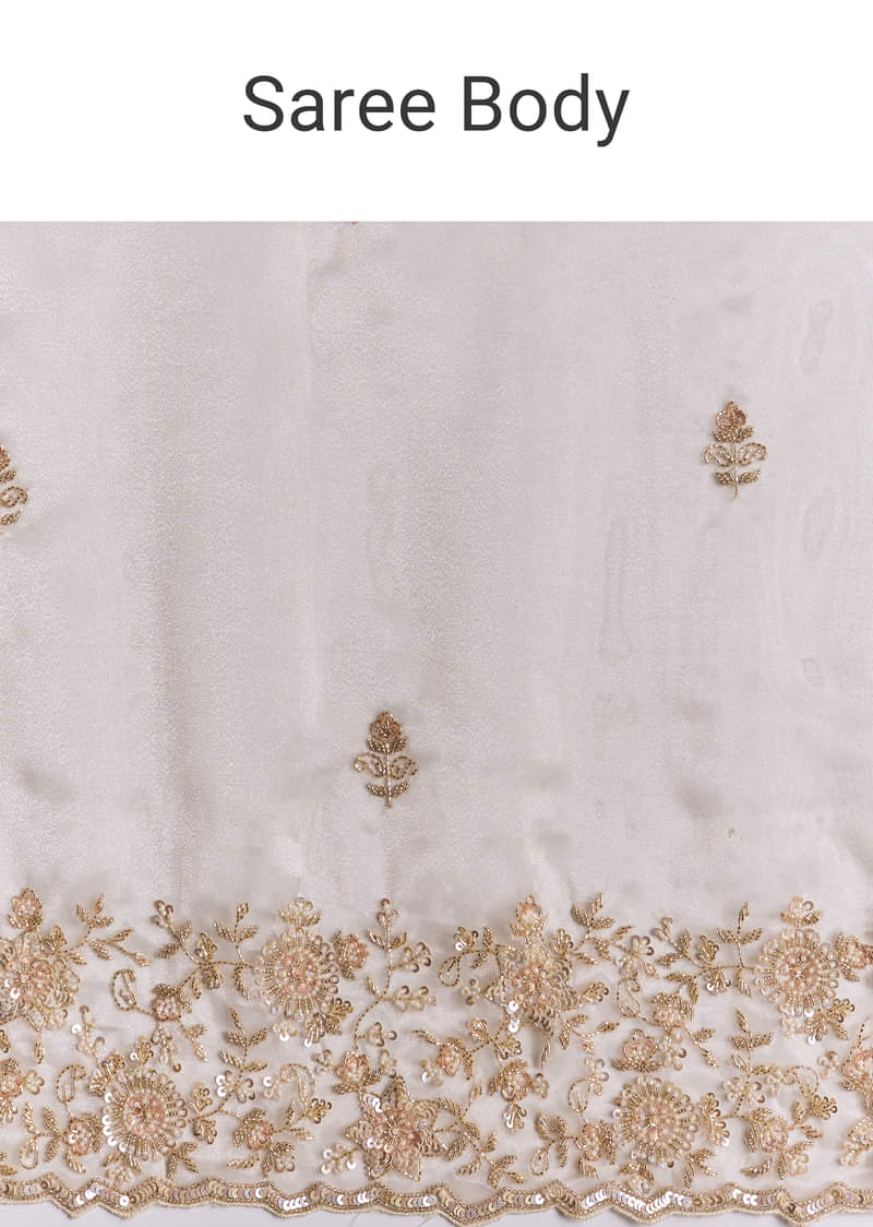 Off White Tissue Saree With Cutdana Floral Embroidery - Image 9
