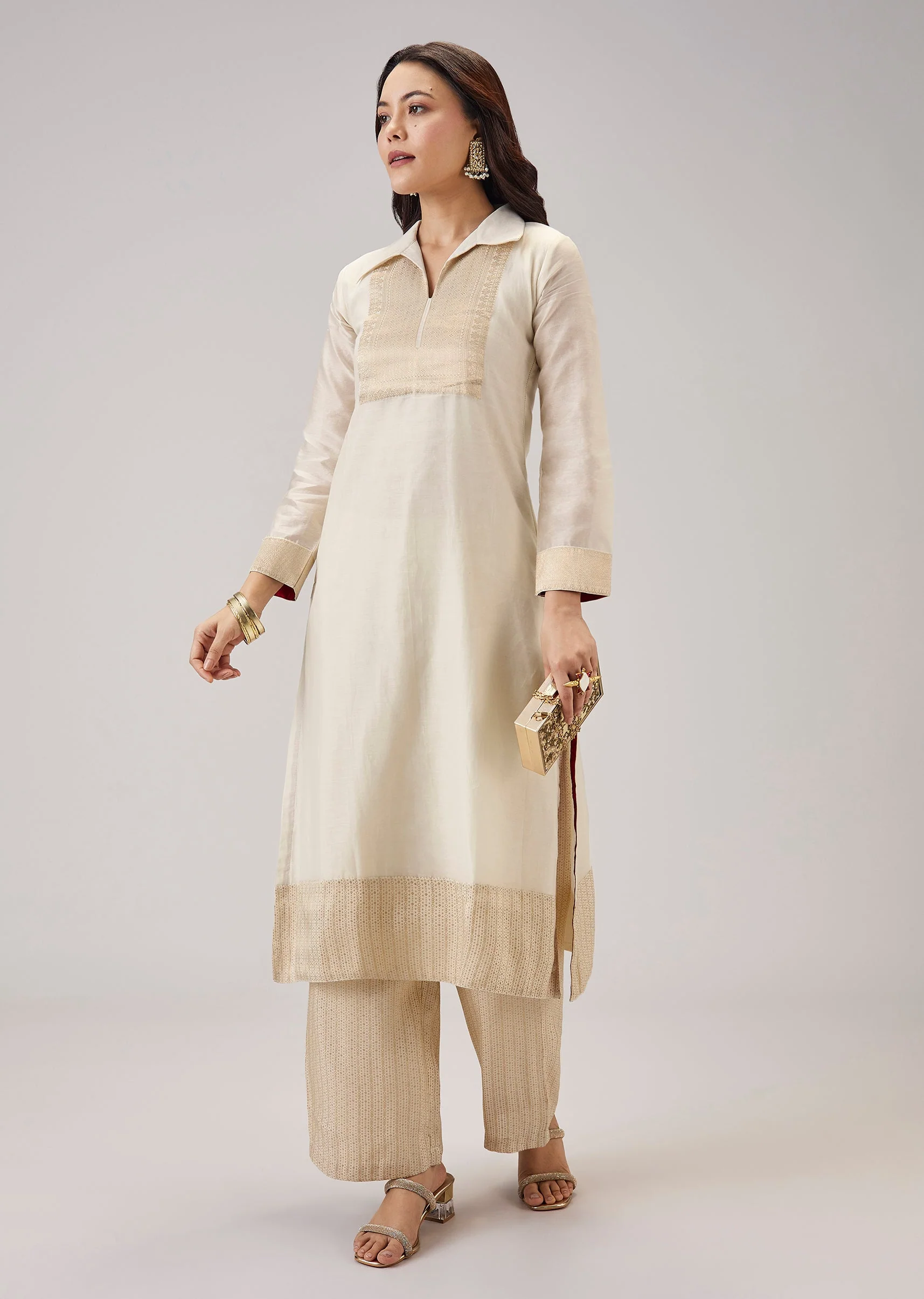 Off White Weaved Chanderi Kurta Set - Image 3