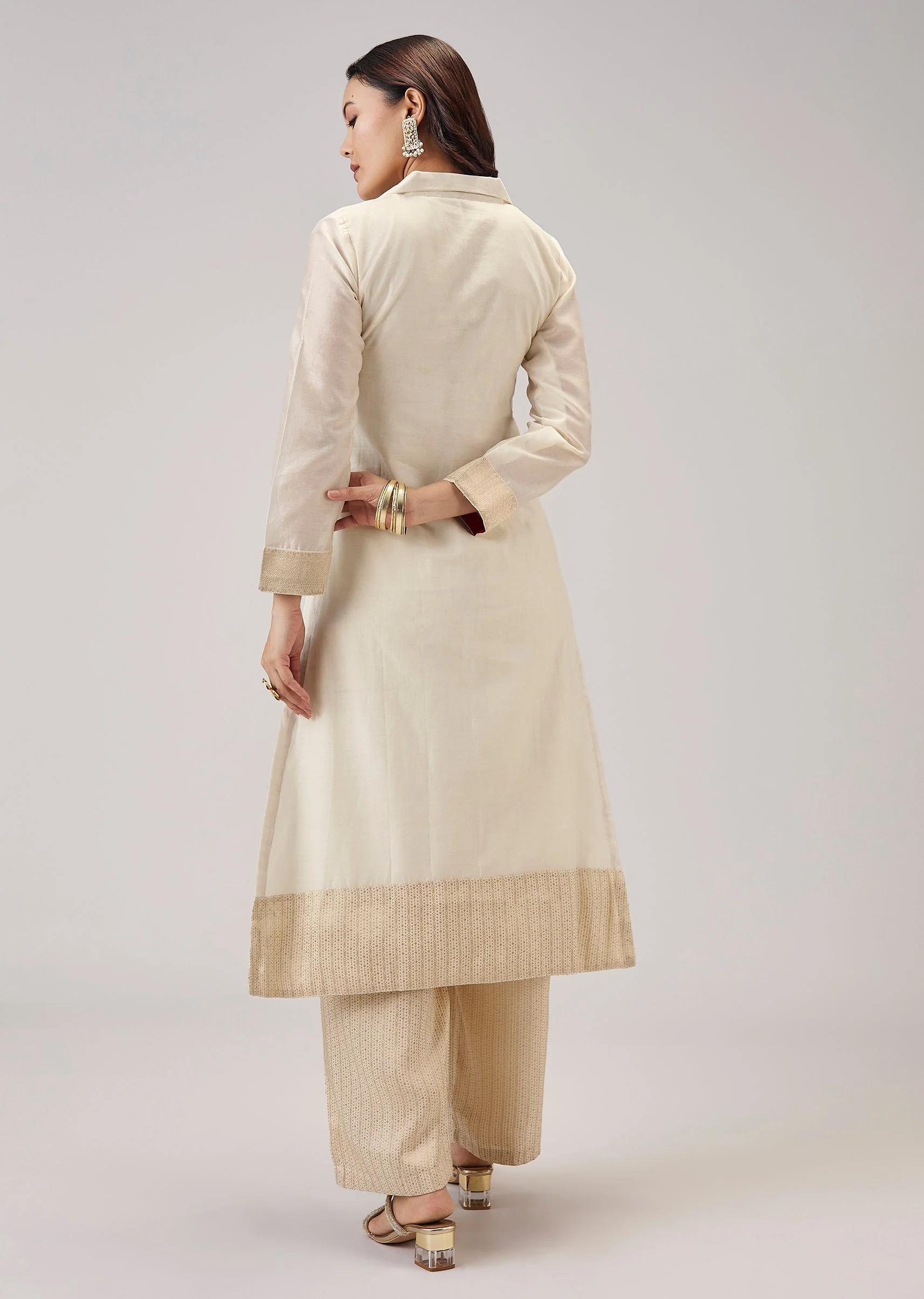 Off White Weaved Chanderi Kurta Set - Image 5