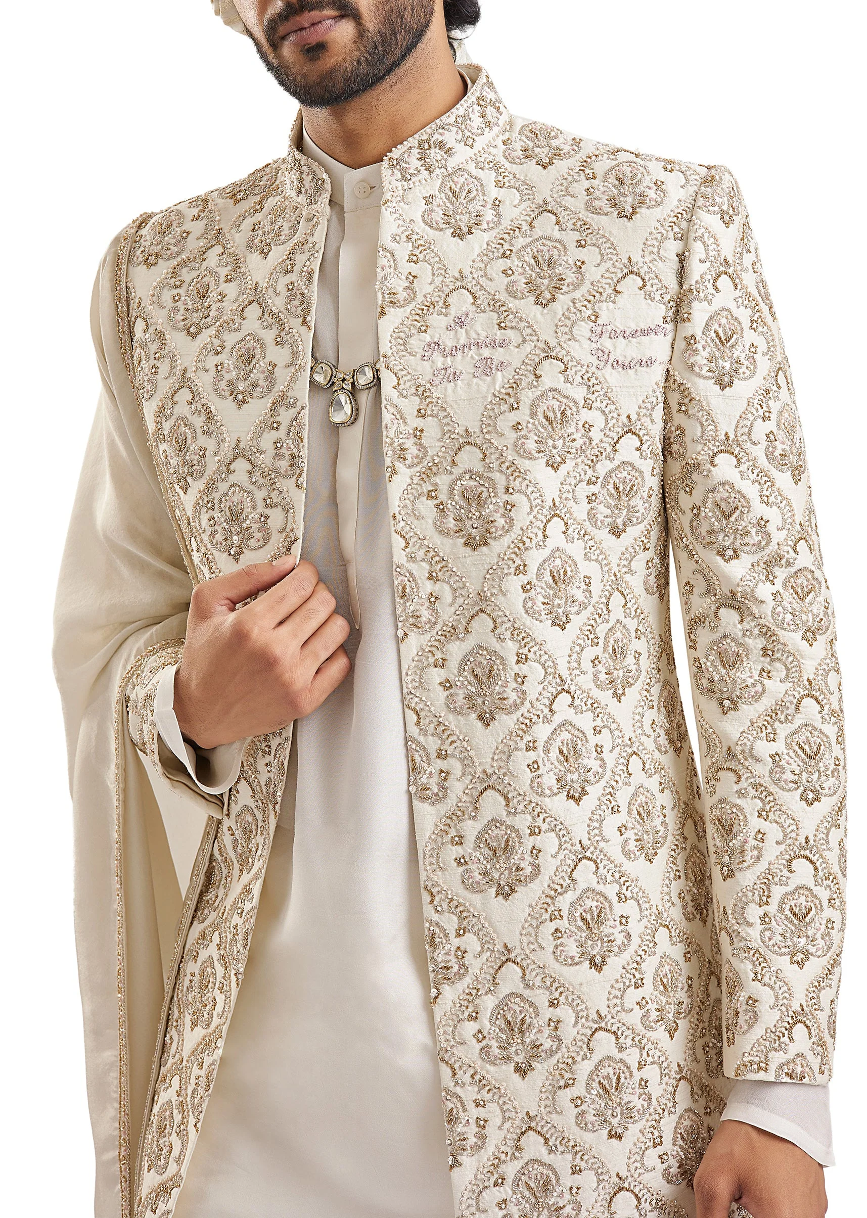 Off White Zardosi Wedding Sherwani - Image 5