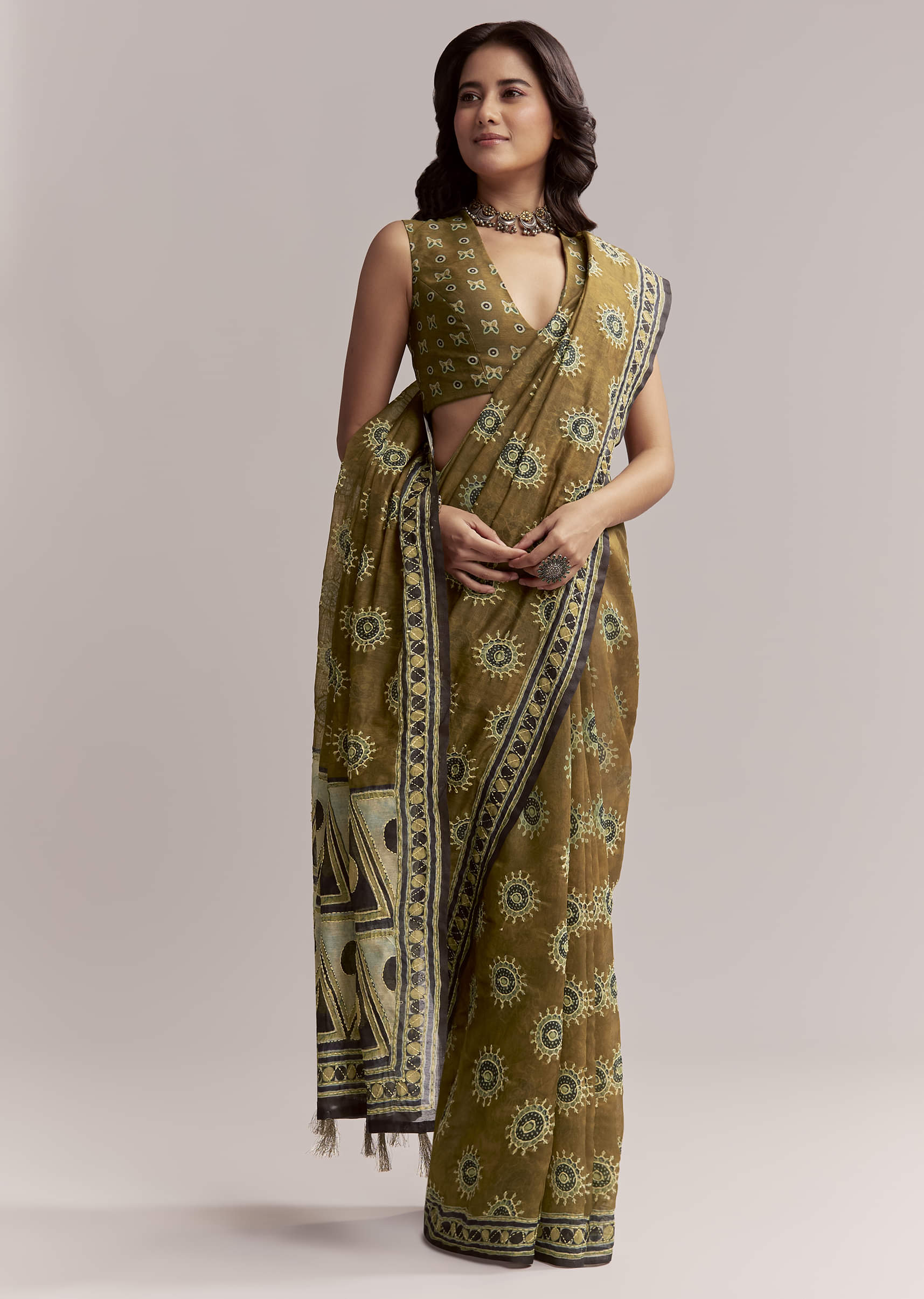 Olive Brown Linen Printed Saree With Handcrafted Ajrakh Print - Image 3