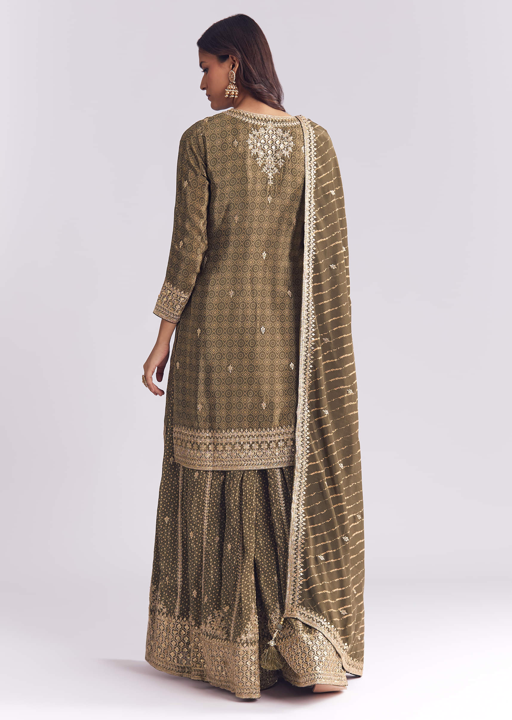 Olive Crepe Bandhani Palazzo Suit With Zari And Sequins Work - Image 5