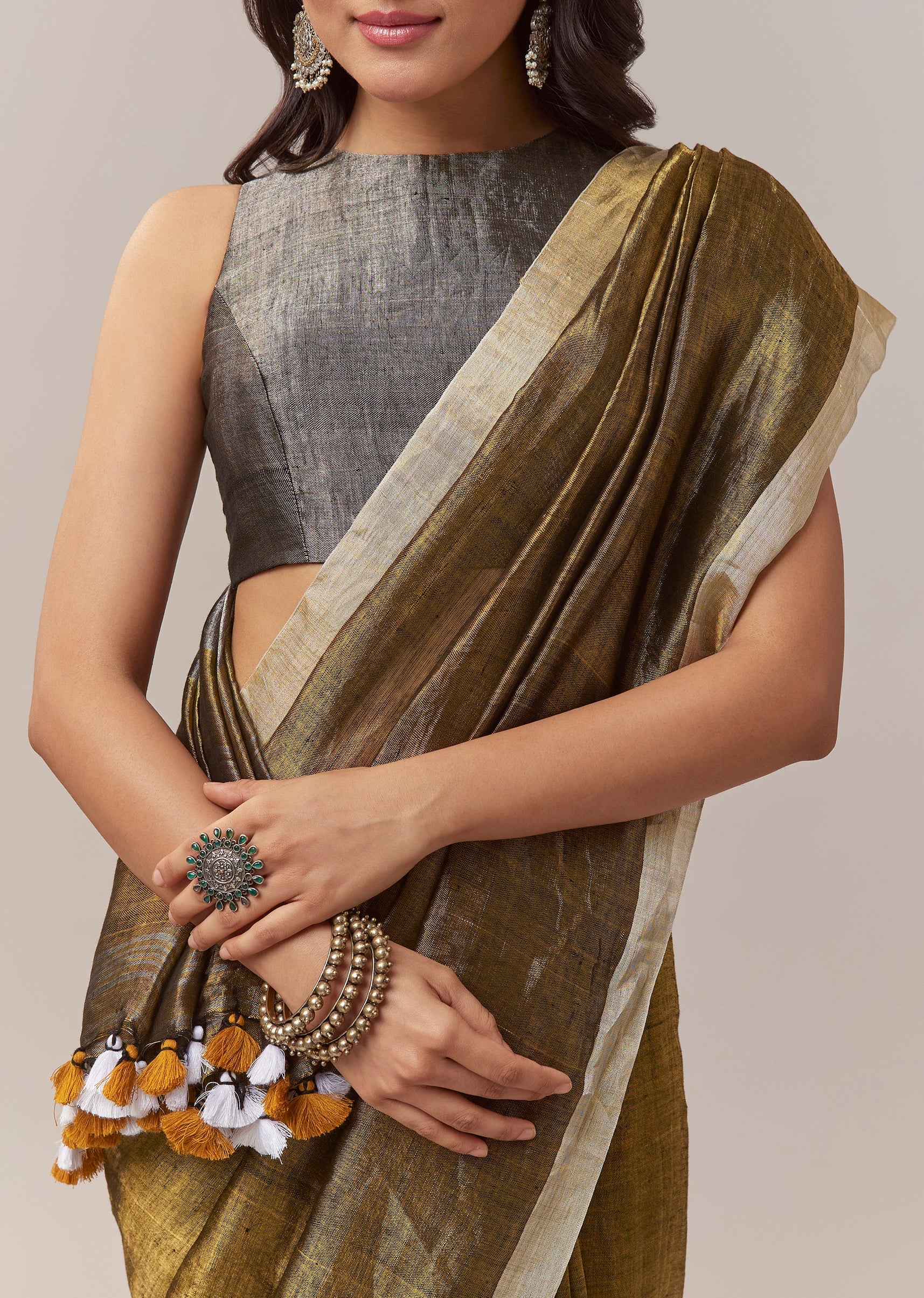 Olive Gold Silk Linen Saree With Beige Gold Border And Handcrafted Tassels - Image 2