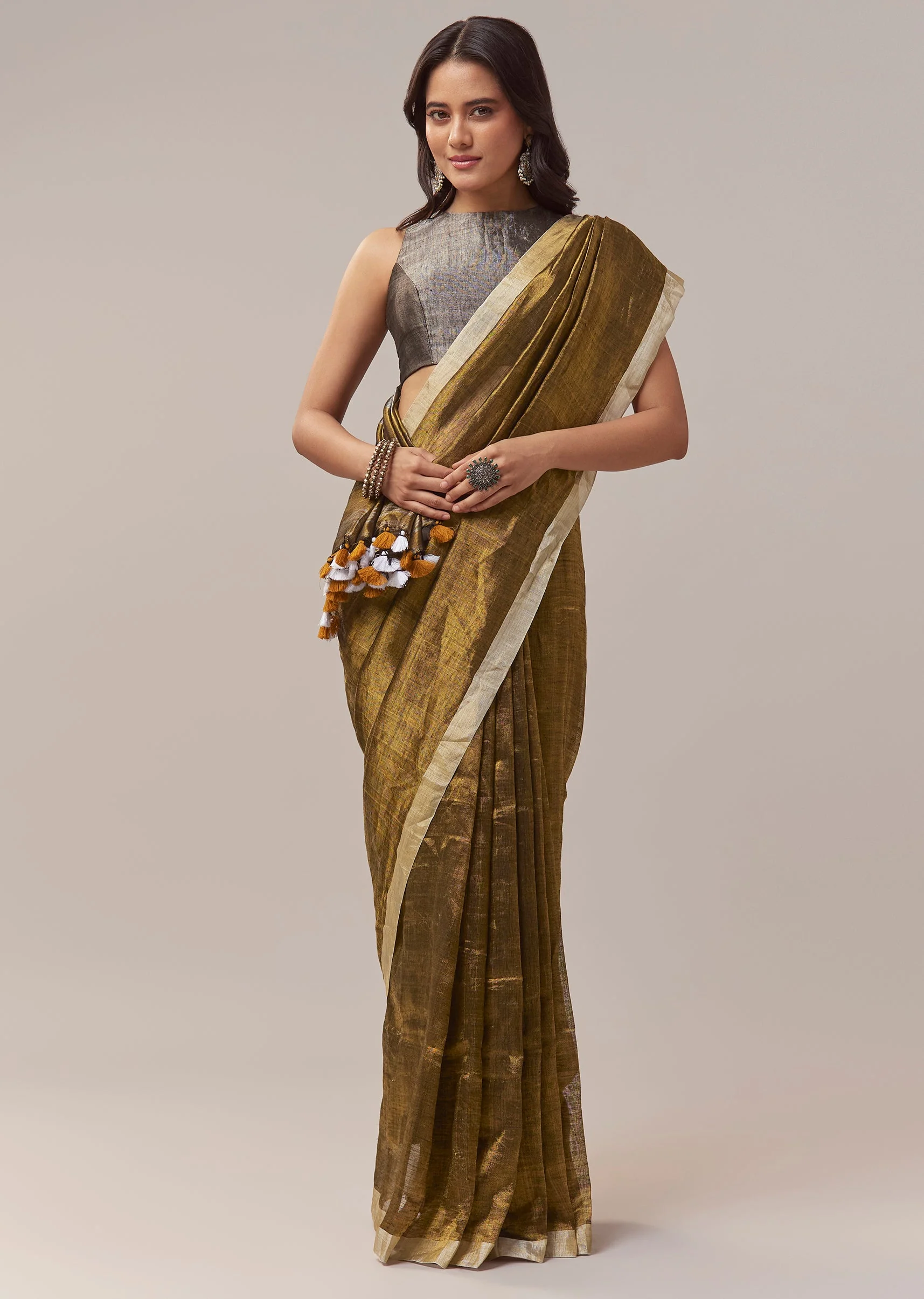 Olive Gold Silk Linen Saree With Beige Gold Border And Handcrafted Tassels - Image 3