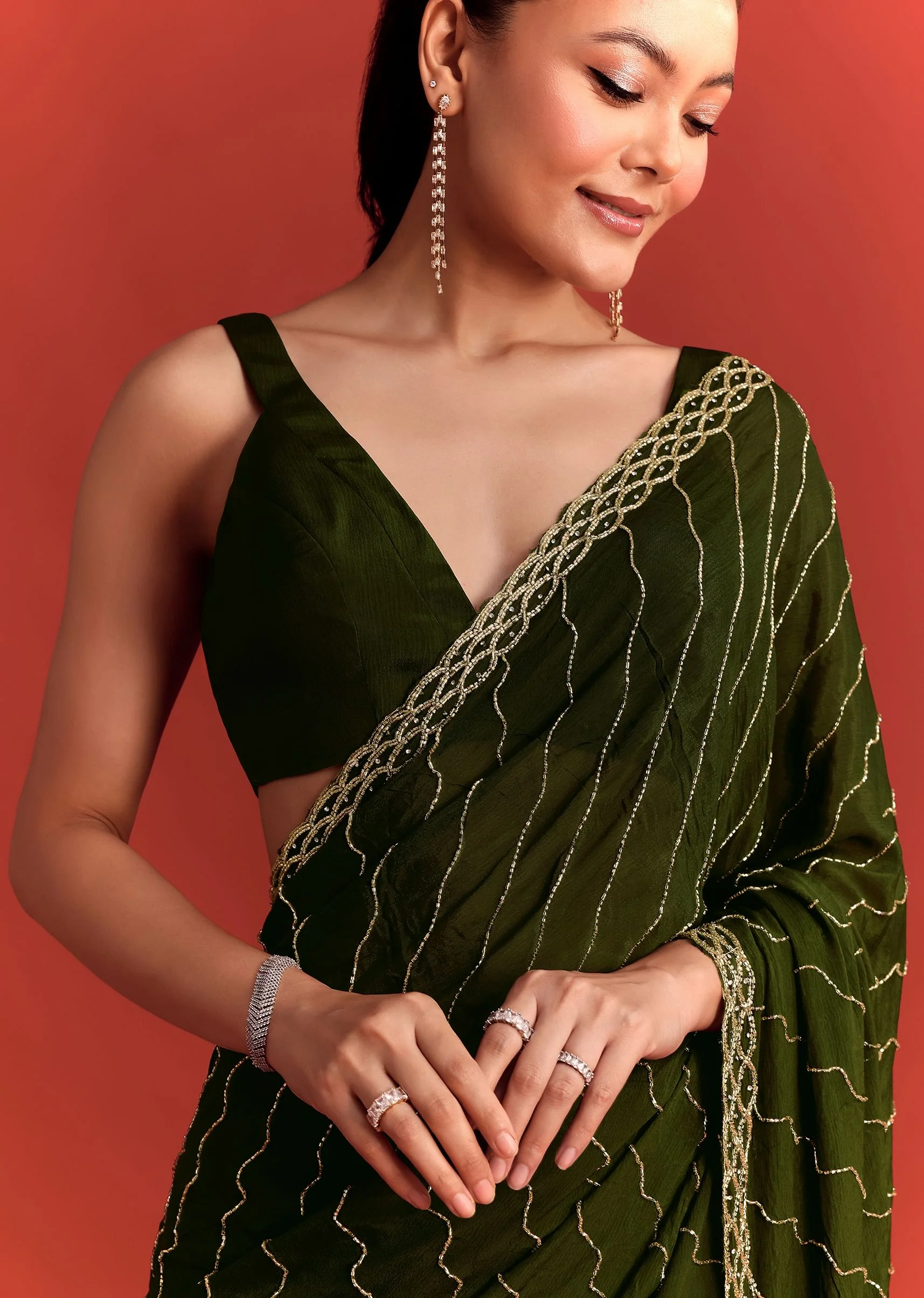 Olive Green Chinnon Saree With Cutdana Work - Image 2