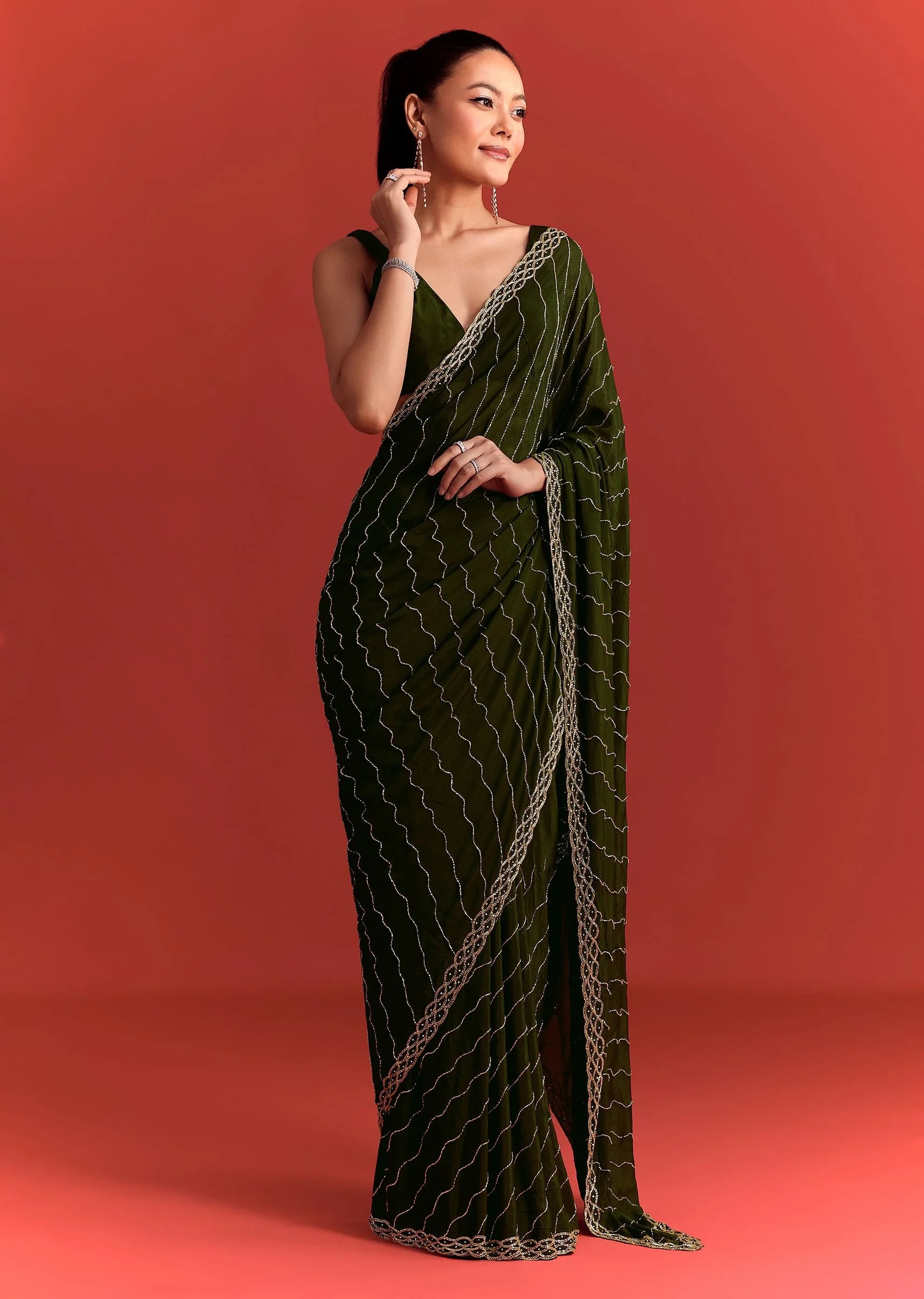 Olive Green Chinnon Saree With Cutdana Work - Image 3