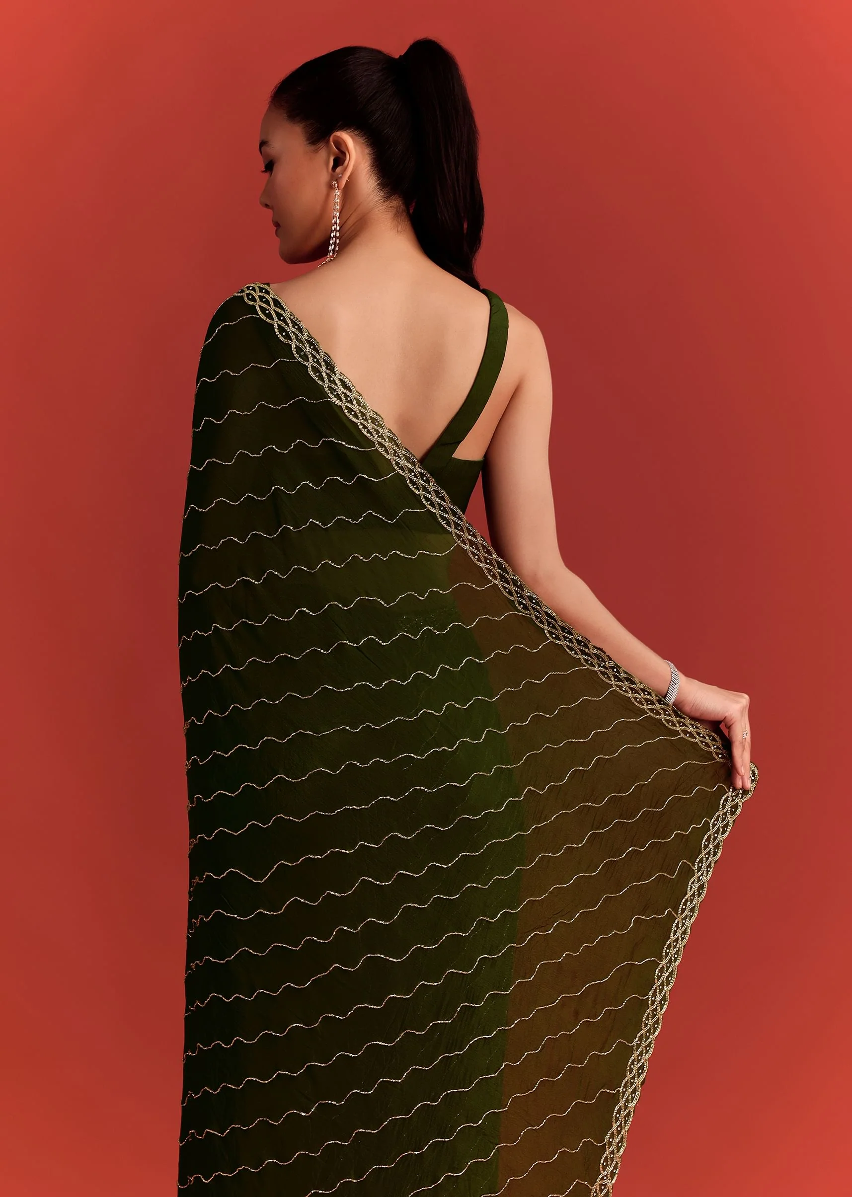 Olive Green Chinnon Saree With Cutdana Work - Image 4