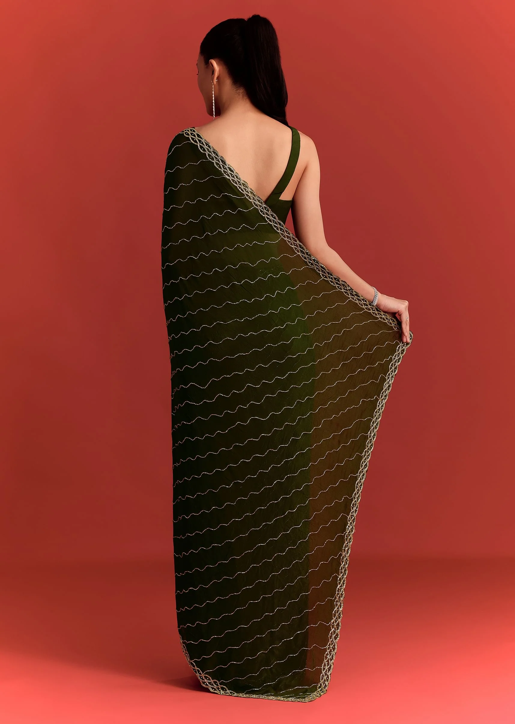Olive Green Chinnon Saree With Cutdana Work - Image 5