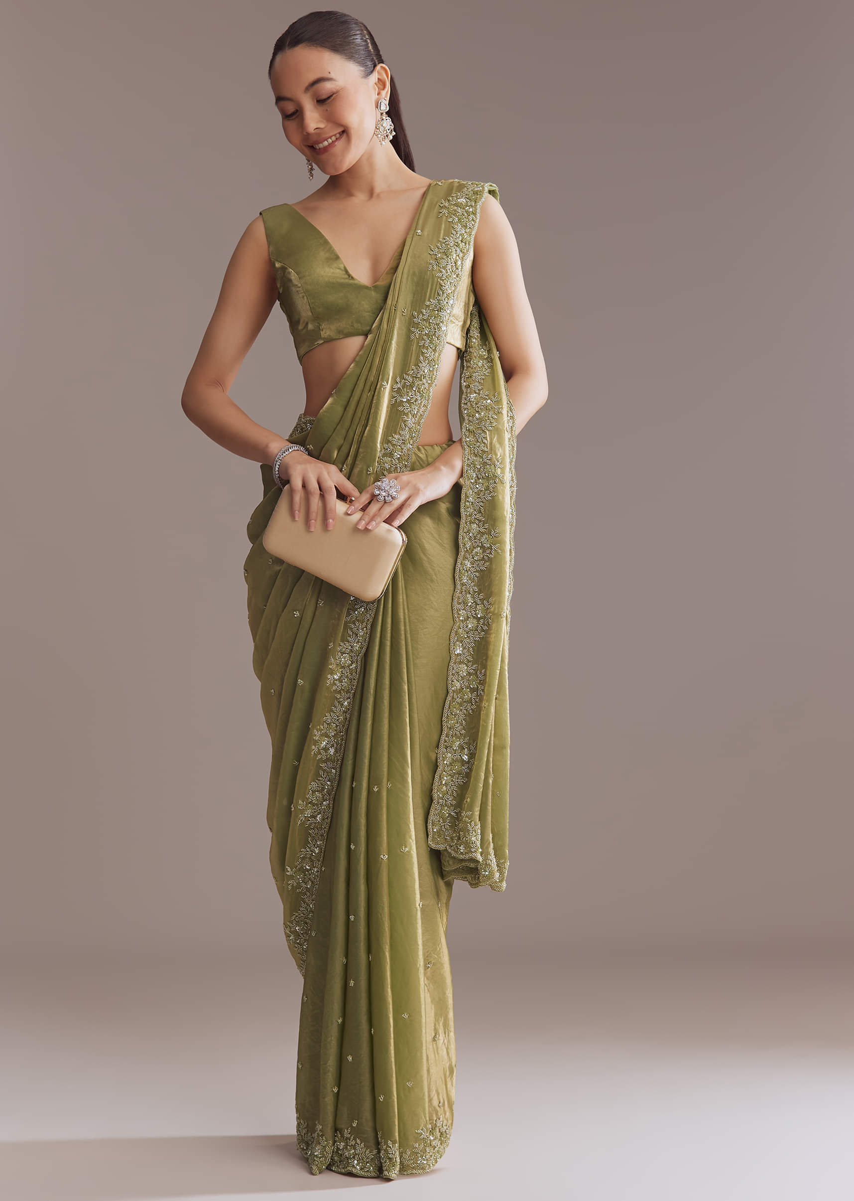 Olive Green Chinon Saree With Bead And Sequin Embroidery - Image 4
