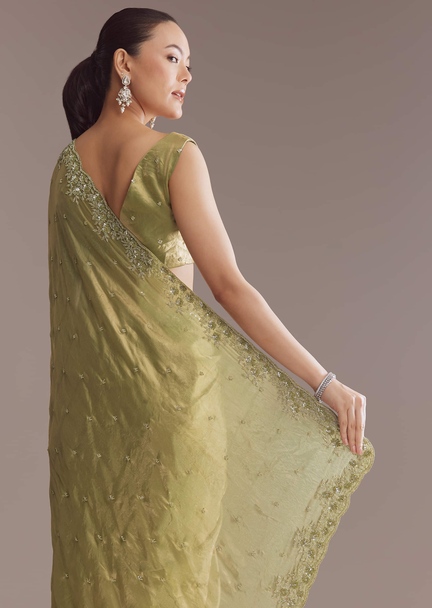Olive Green Chinon Saree With Bead And Sequin Embroidery - Image 5