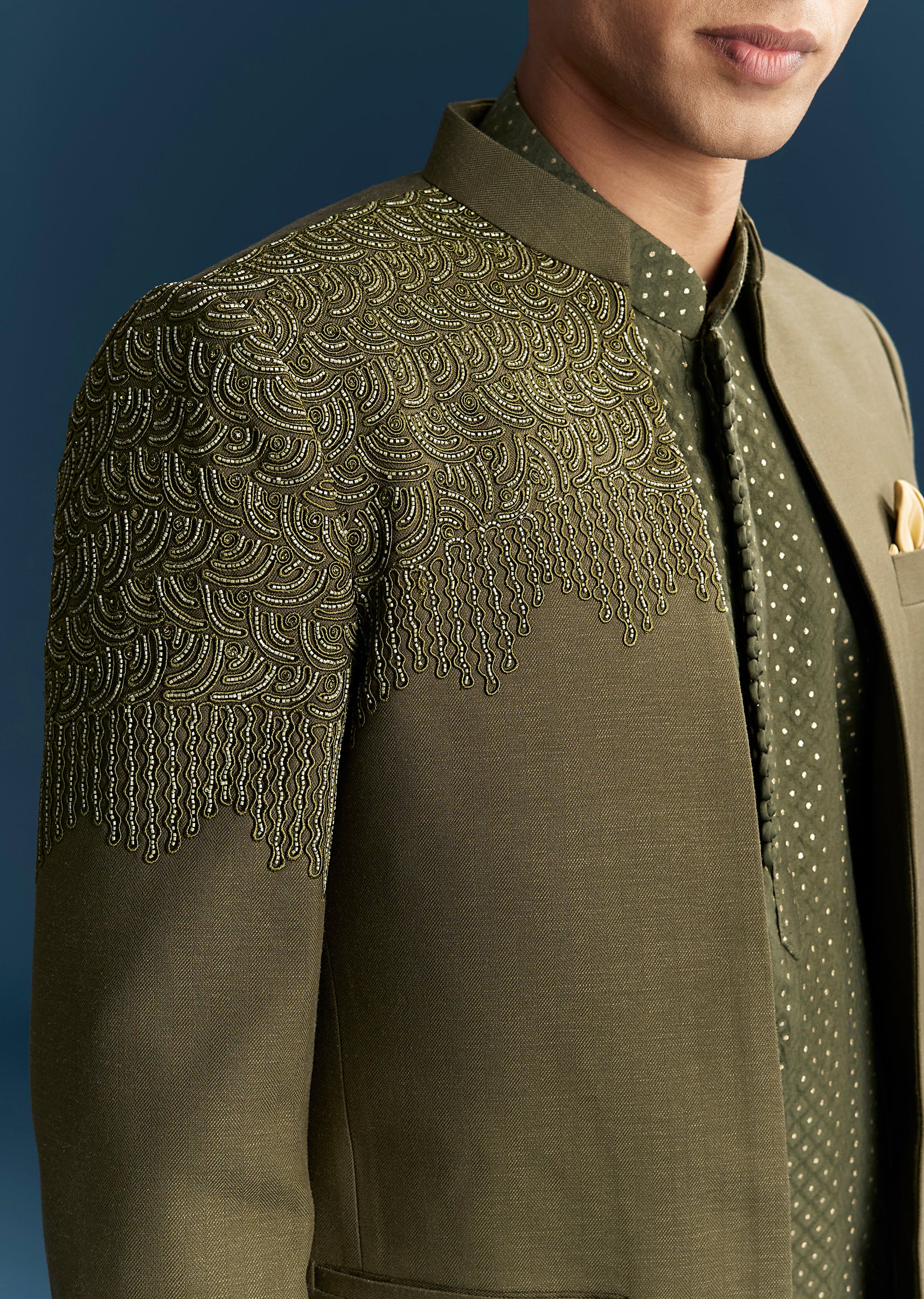 Olive Green Contemporary Duo – Indo Western Crop Top Skirt Set For Her And Jodhpuri Suit For Him - Image 10