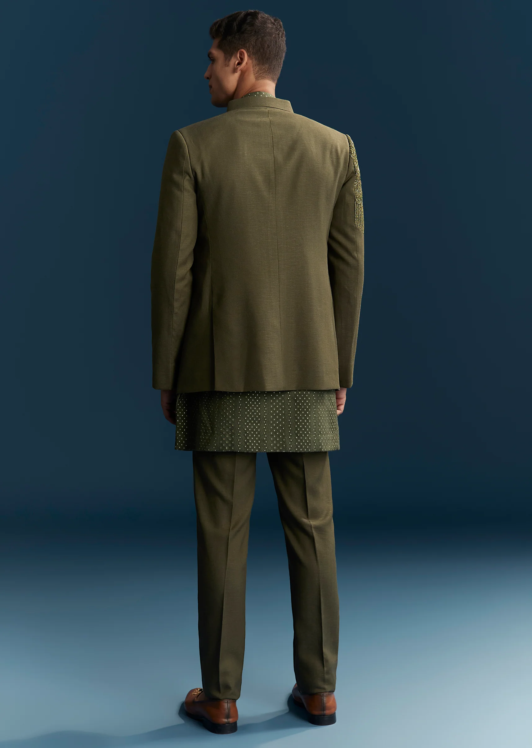 Olive Green Contemporary Duo – Indo Western Crop Top Skirt Set For Her And Jodhpuri Suit For Him - Image 11
