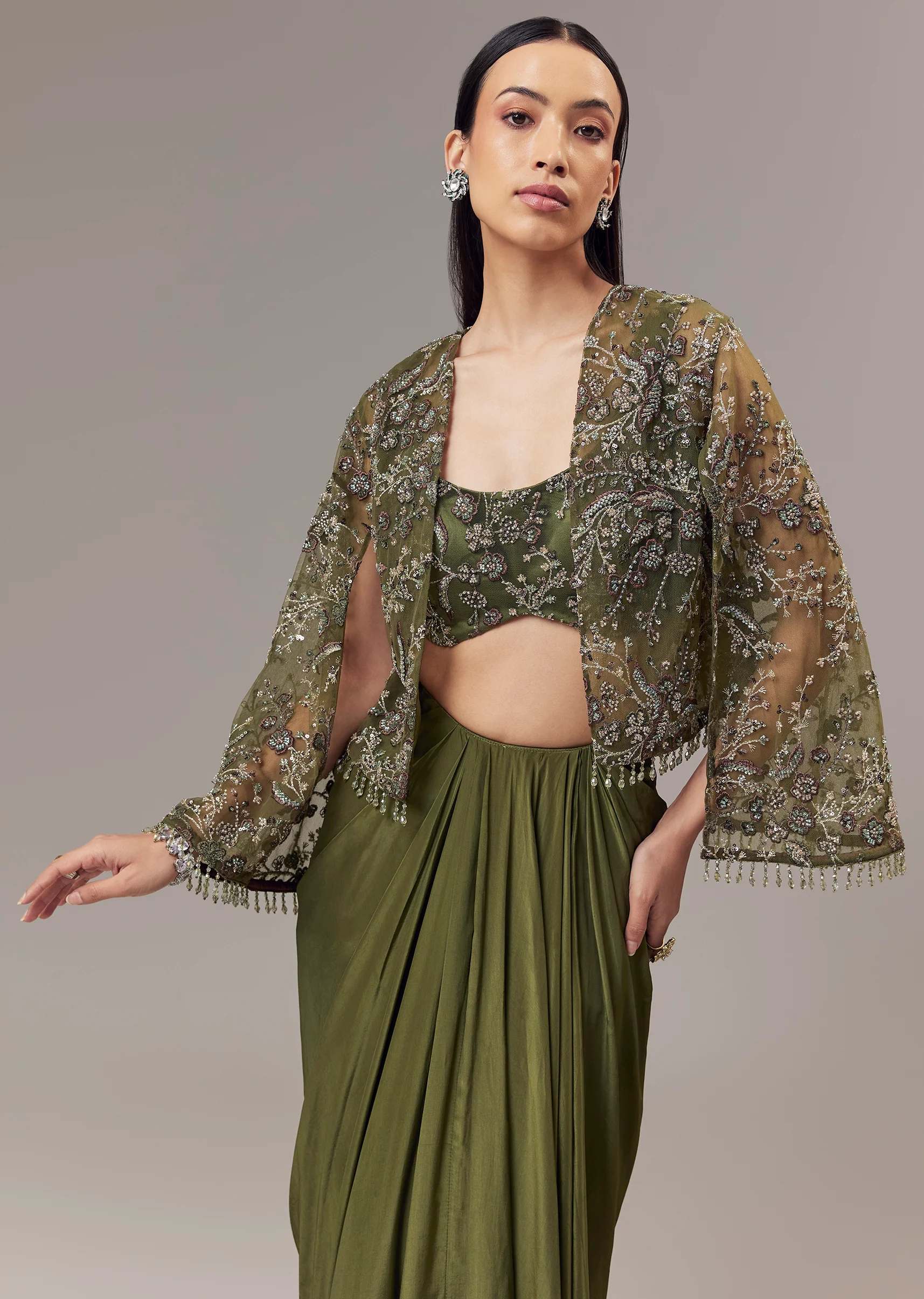 Olive Green Contemporary Duo – Indo Western Crop Top Skirt Set For Her And Jodhpuri Suit For Him - Image 3