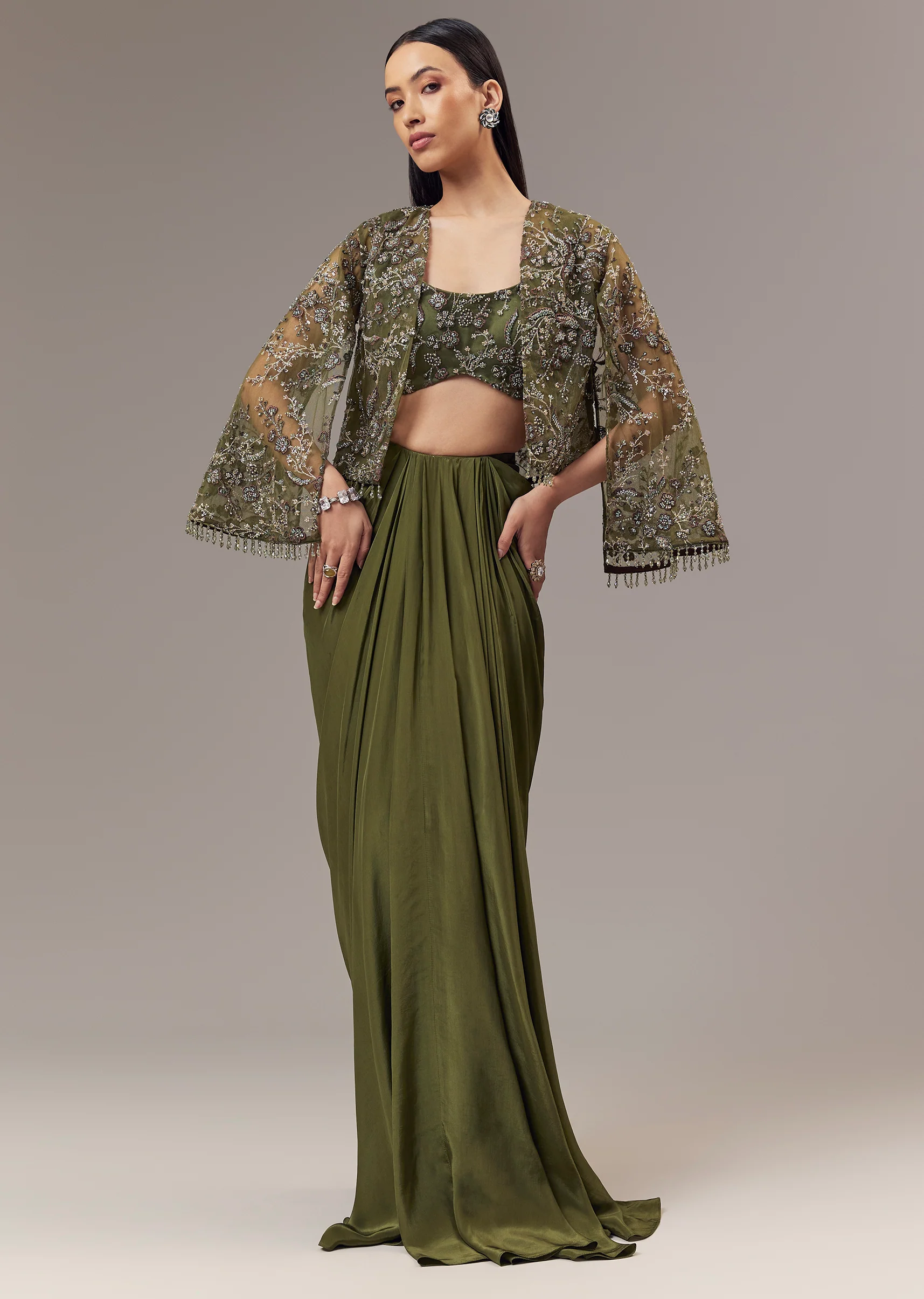 Olive Green Contemporary Duo – Indo Western Crop Top Skirt Set For Her And Jodhpuri Suit For Him - Image 4