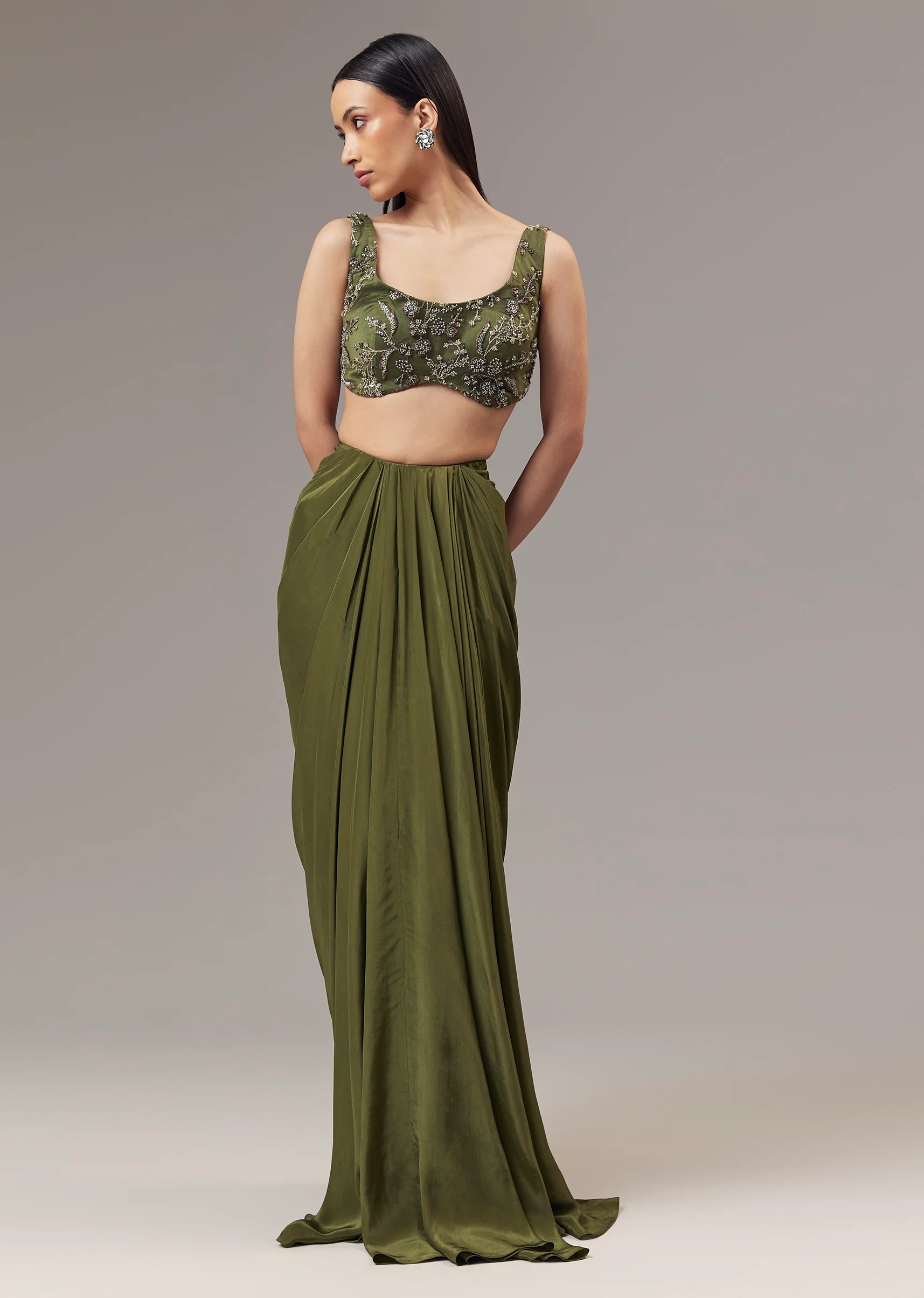 Olive Green Contemporary Duo – Indo Western Crop Top Skirt Set For Her And Jodhpuri Suit For Him - Image 5