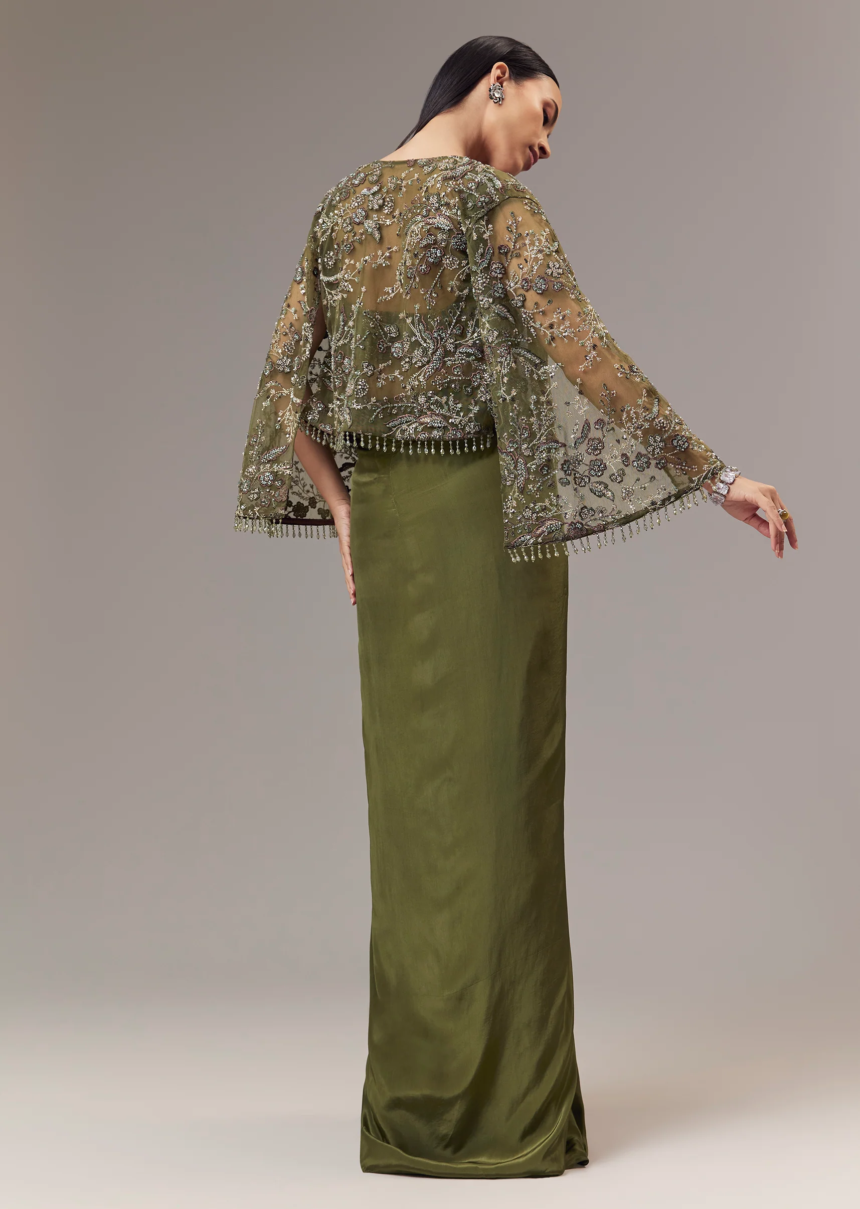 Olive Green Contemporary Duo – Indo Western Crop Top Skirt Set For Her And Jodhpuri Suit For Him - Image 6