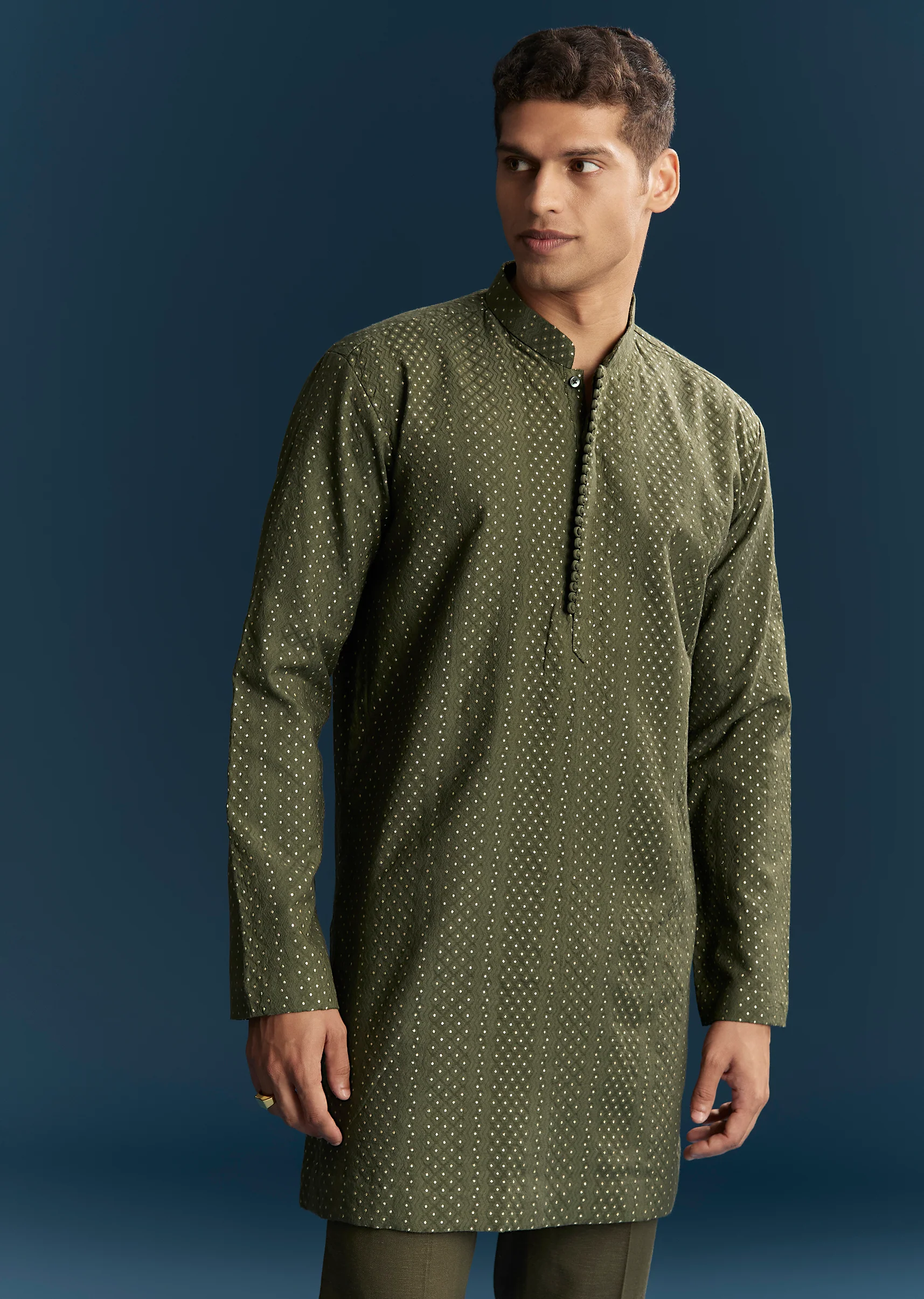 Olive Green Contemporary Duo – Indo Western Crop Top Skirt Set For Her And Jodhpuri Suit For Him - Image 8