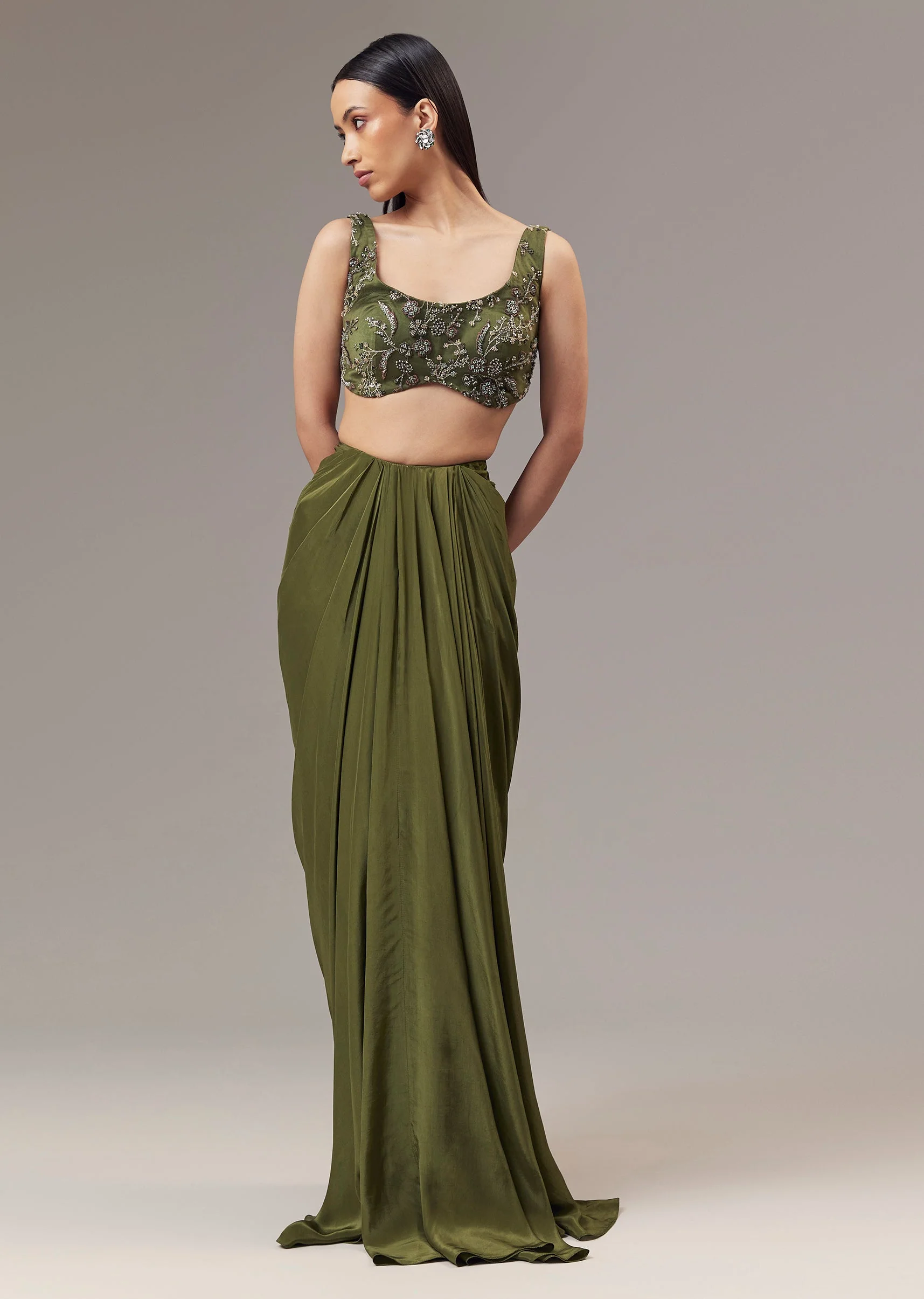 Olive Green Crepe Indo Western Crop Top And Draped Skirt Set With Cape - Image 6