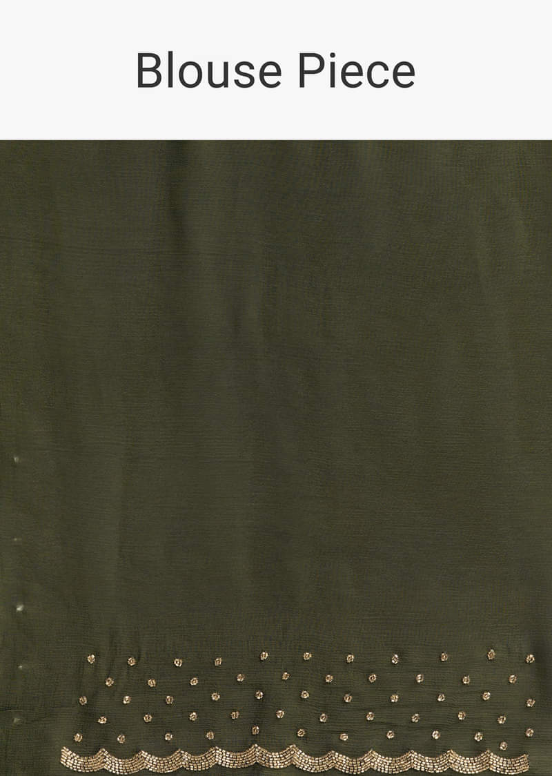 Olive Green Embroidered Chinon Saree With Scallop Border - Image 10
