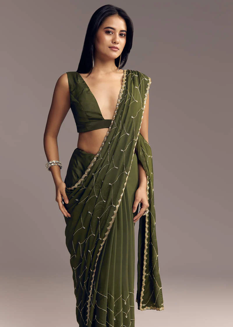 Olive Green Embroidered Chinon Saree With Scallop Border - Image 5