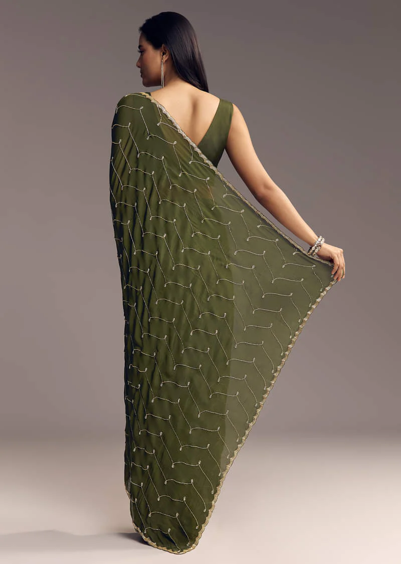 Olive Green Embroidered Chinon Saree With Scallop Border - Image 6