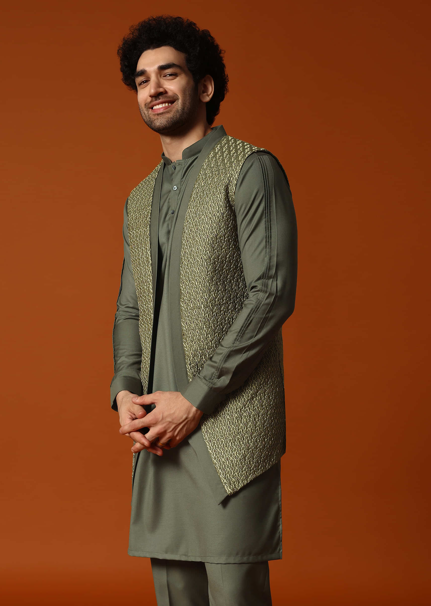 Olive Green Embroidered Kurta Jacket Set For Men - Image 3