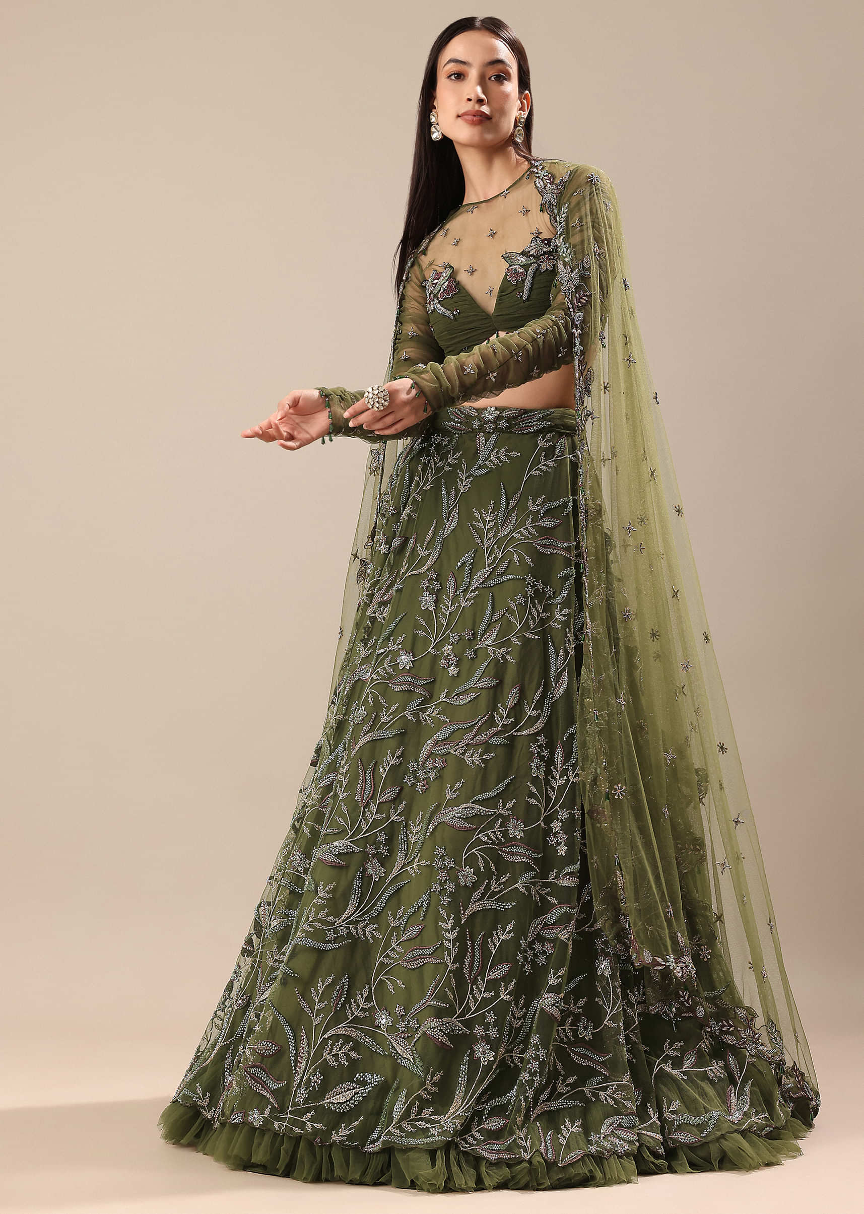 Olive Green Embroidered Lehenga And Blouse With Dupatta - Image 3