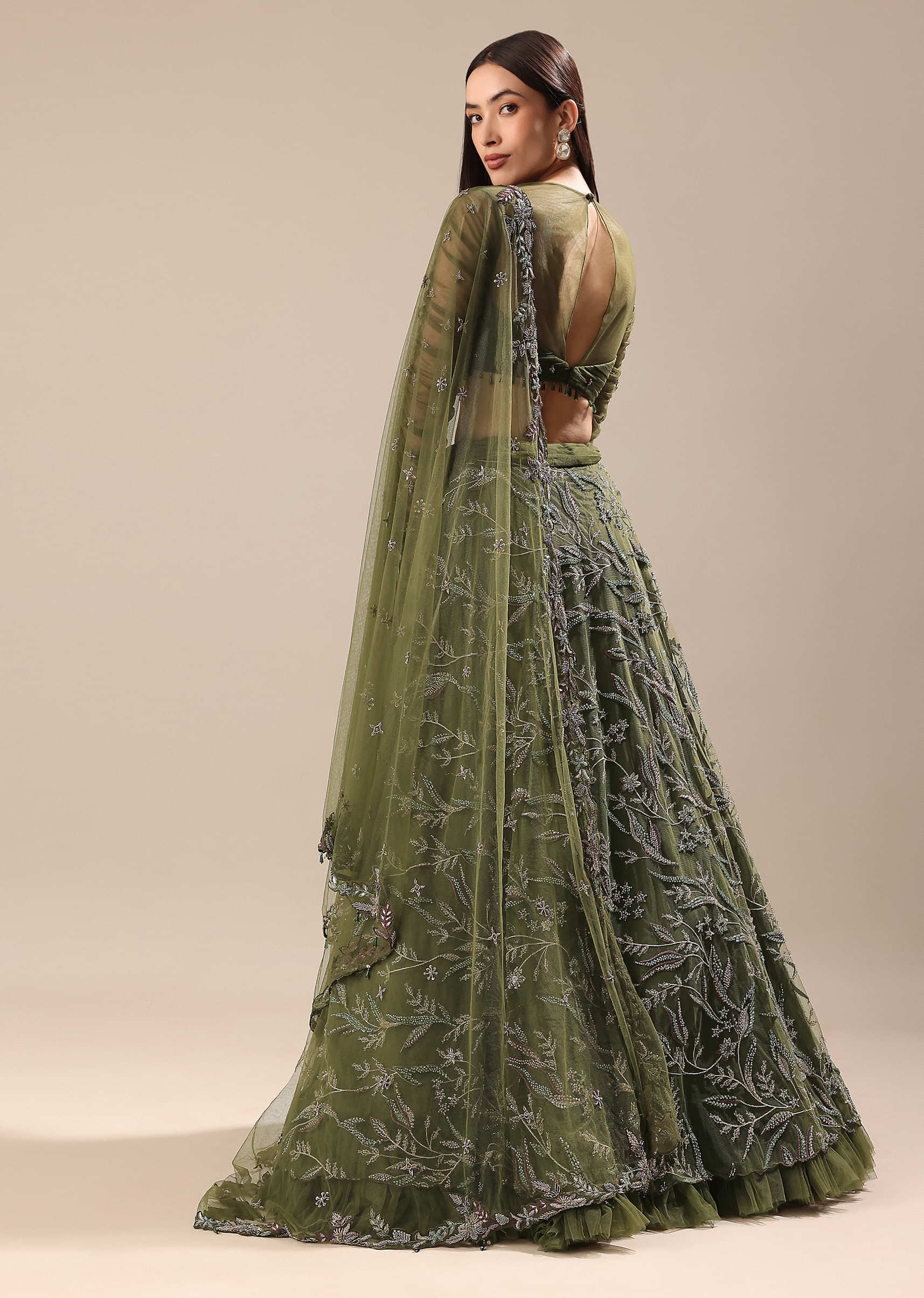Olive Green Embroidered Lehenga And Blouse With Dupatta - Image 5