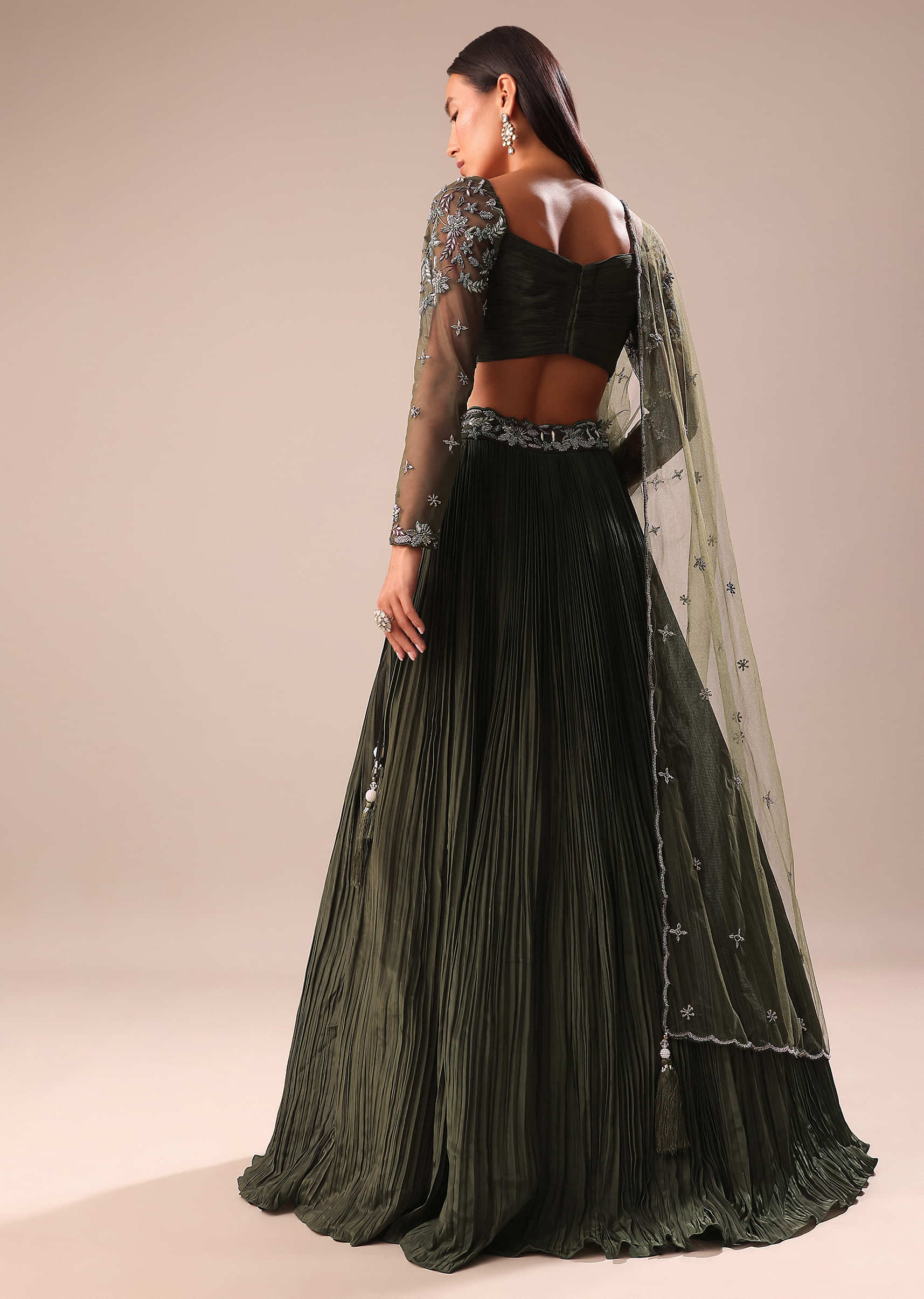 Olive Green Lehenga With Embroidered Blouse And Dupatta - Image 5
