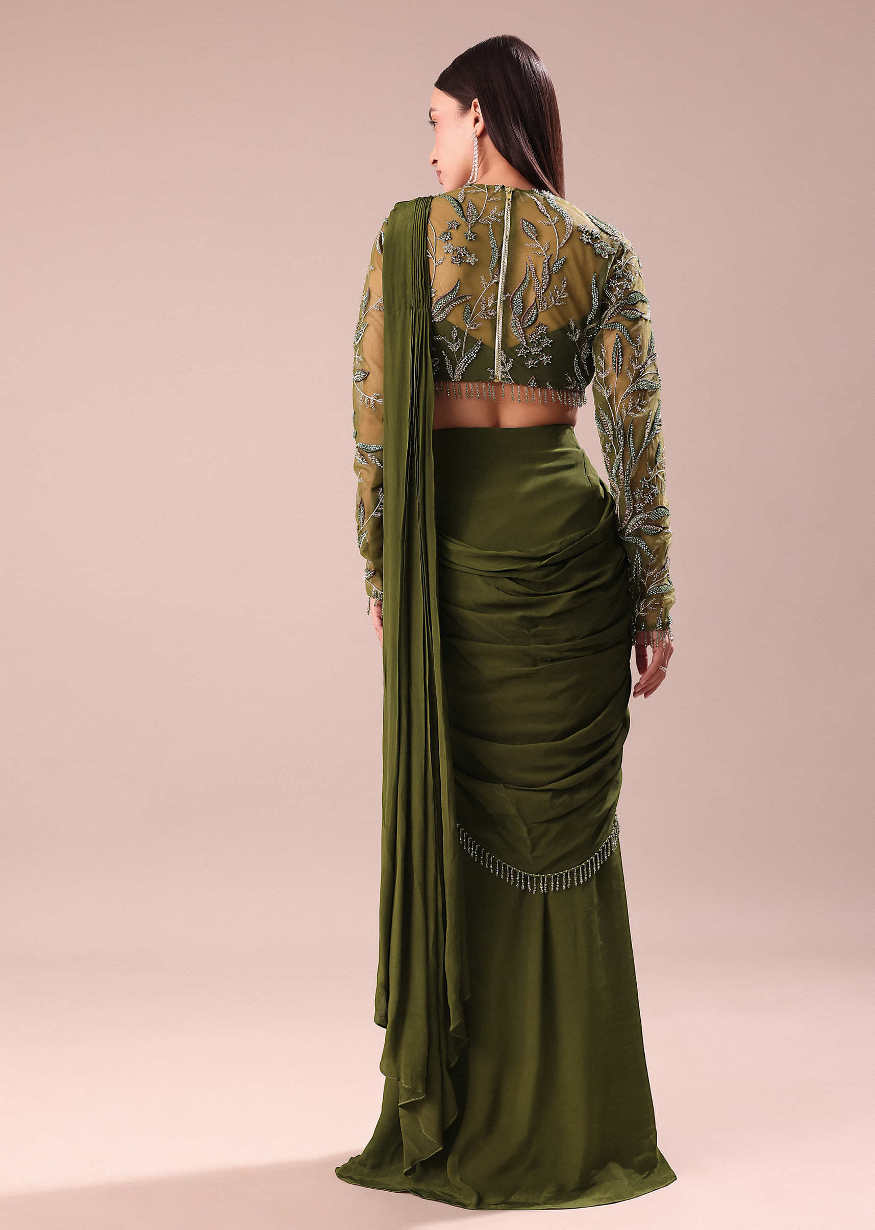 Olive Green Pre Draped Saree With Embroidered Blouse - Image 2