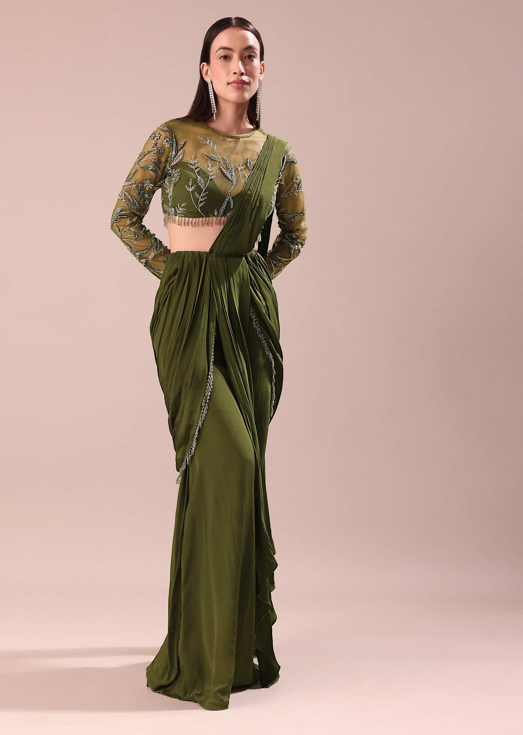Olive Green Pre Draped Saree With Embroidered Blouse - Image 3