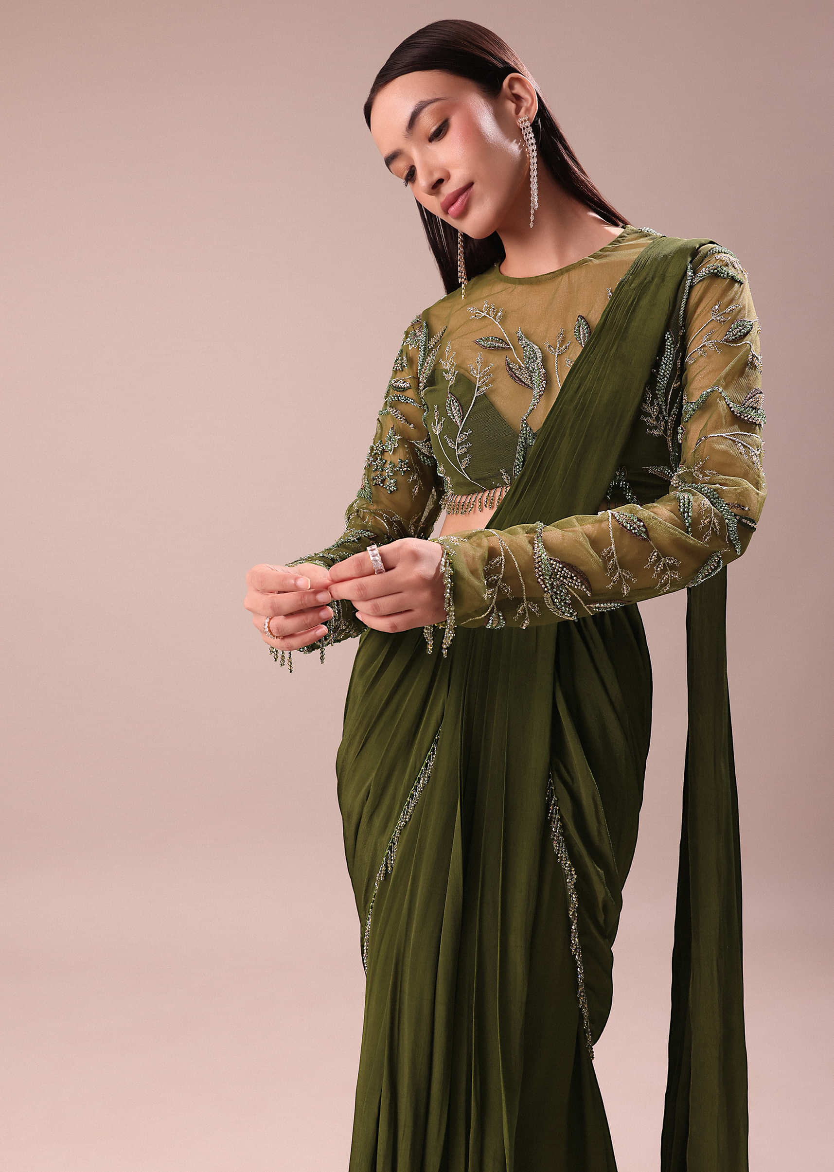 Olive Green Pre Draped Saree With Embroidered Blouse - Image 4