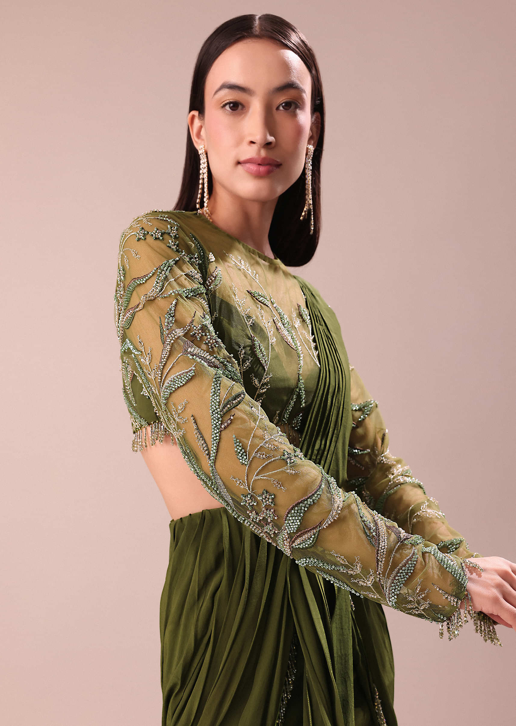 Olive Green Pre Draped Saree With Embroidered Blouse - Image 5
