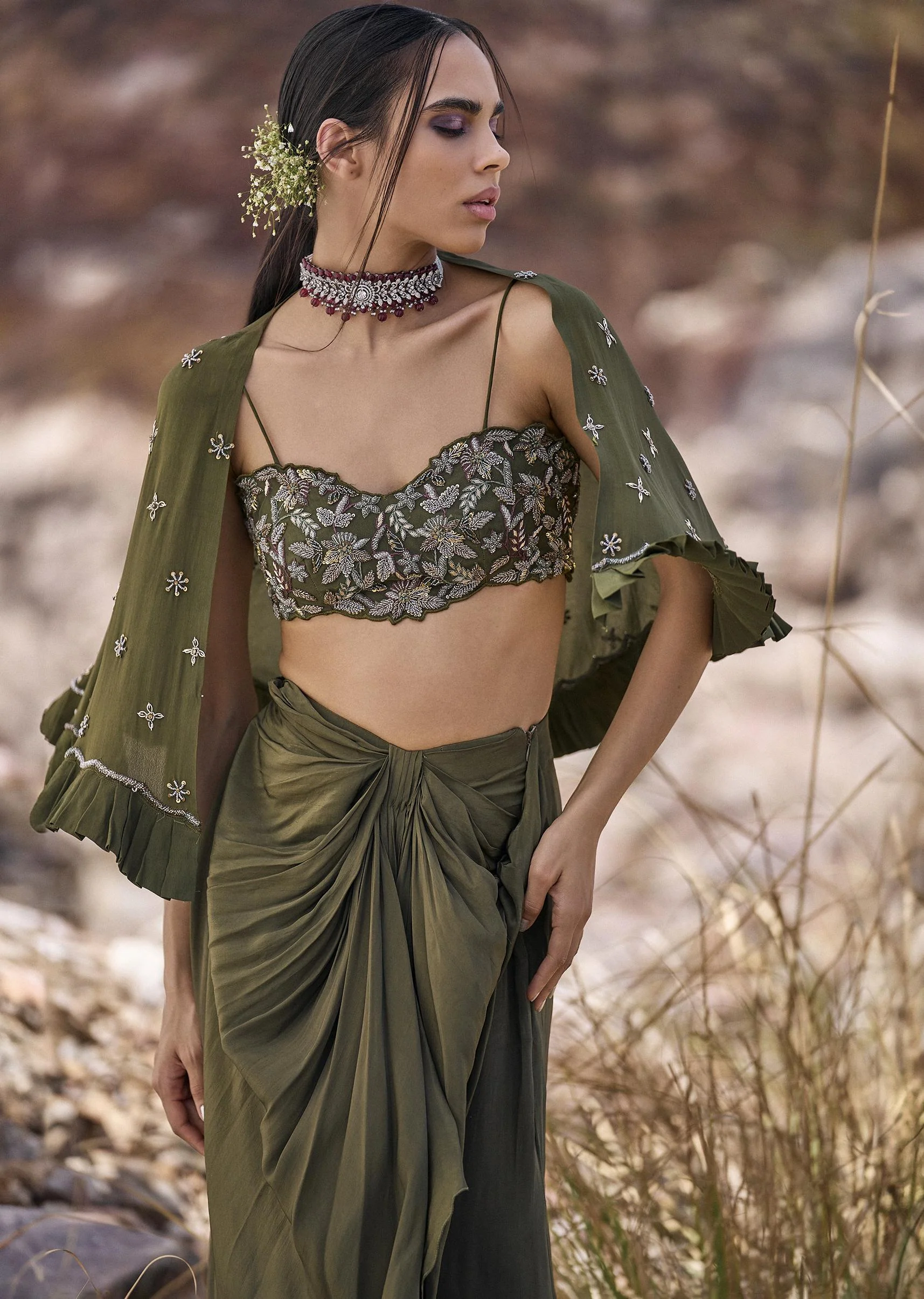 Olive Green Pre-Stitched Draped Skirt With Blouse And Cape - Image 4