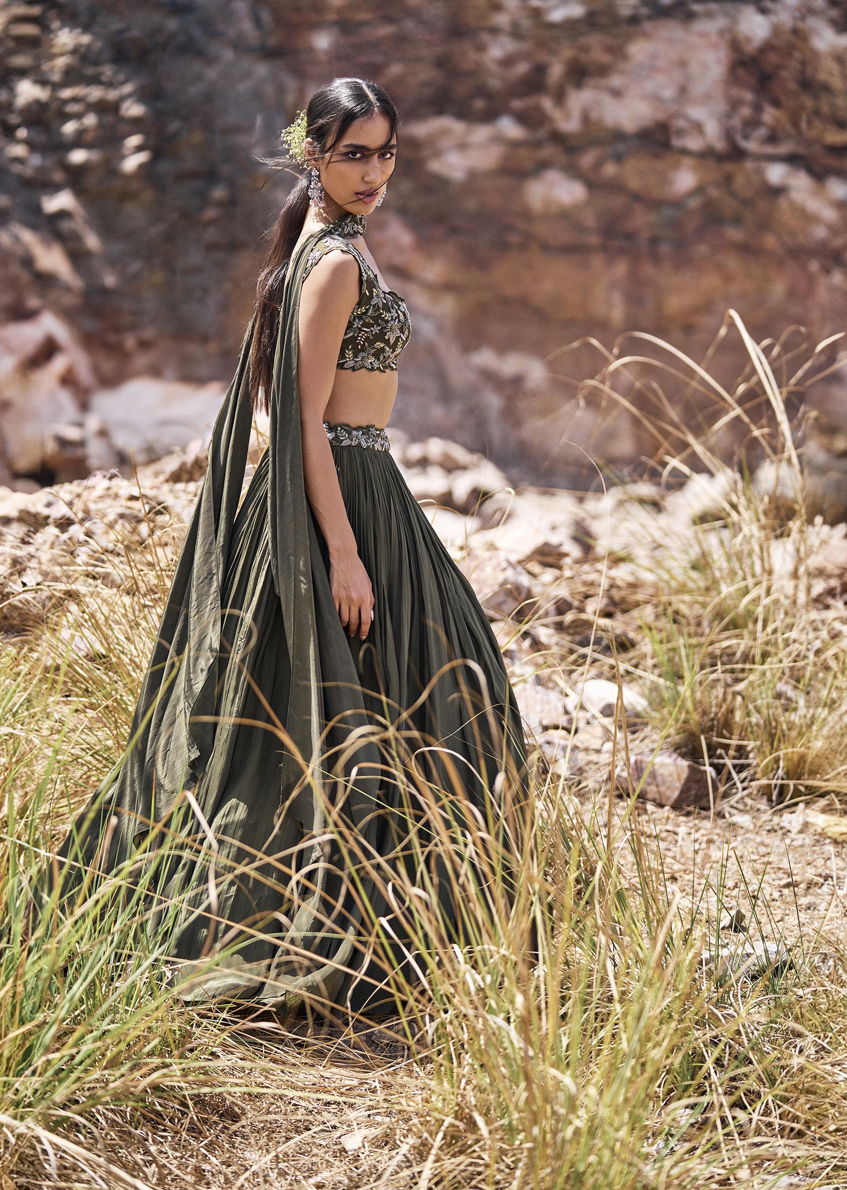 Olive Green Ruched Lehenga With Blouse And Asymmetric Dupatta - Image 3