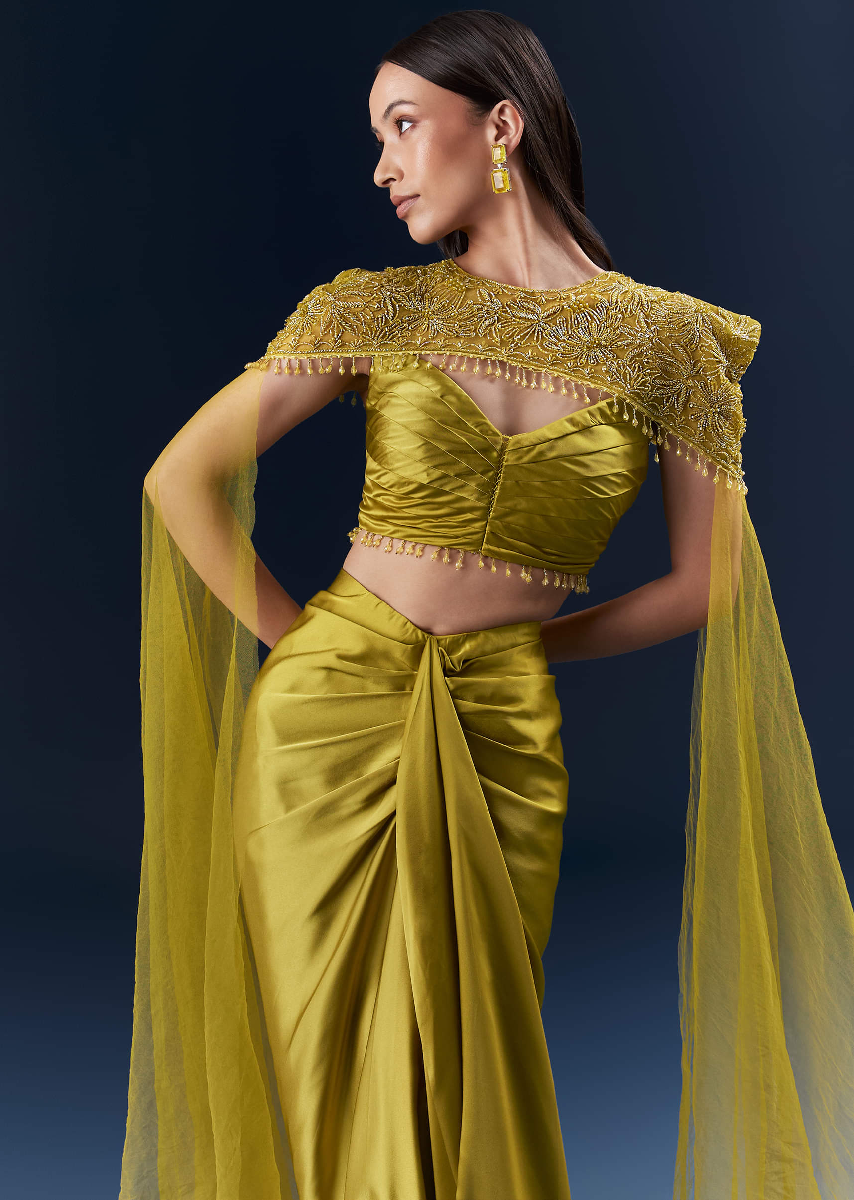 Olive Green Satin Crop Top And Drape Skirt Set With Embroidery - Image 3