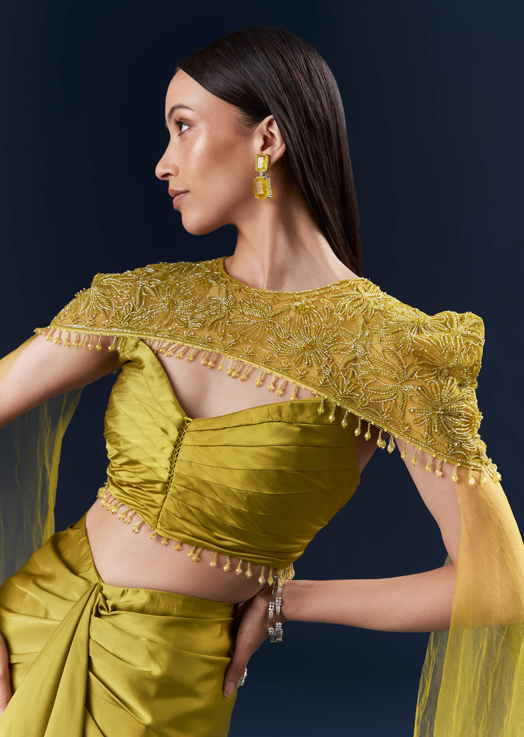 Olive Green Satin Crop Top And Drape Skirt Set With Embroidery - Image 5