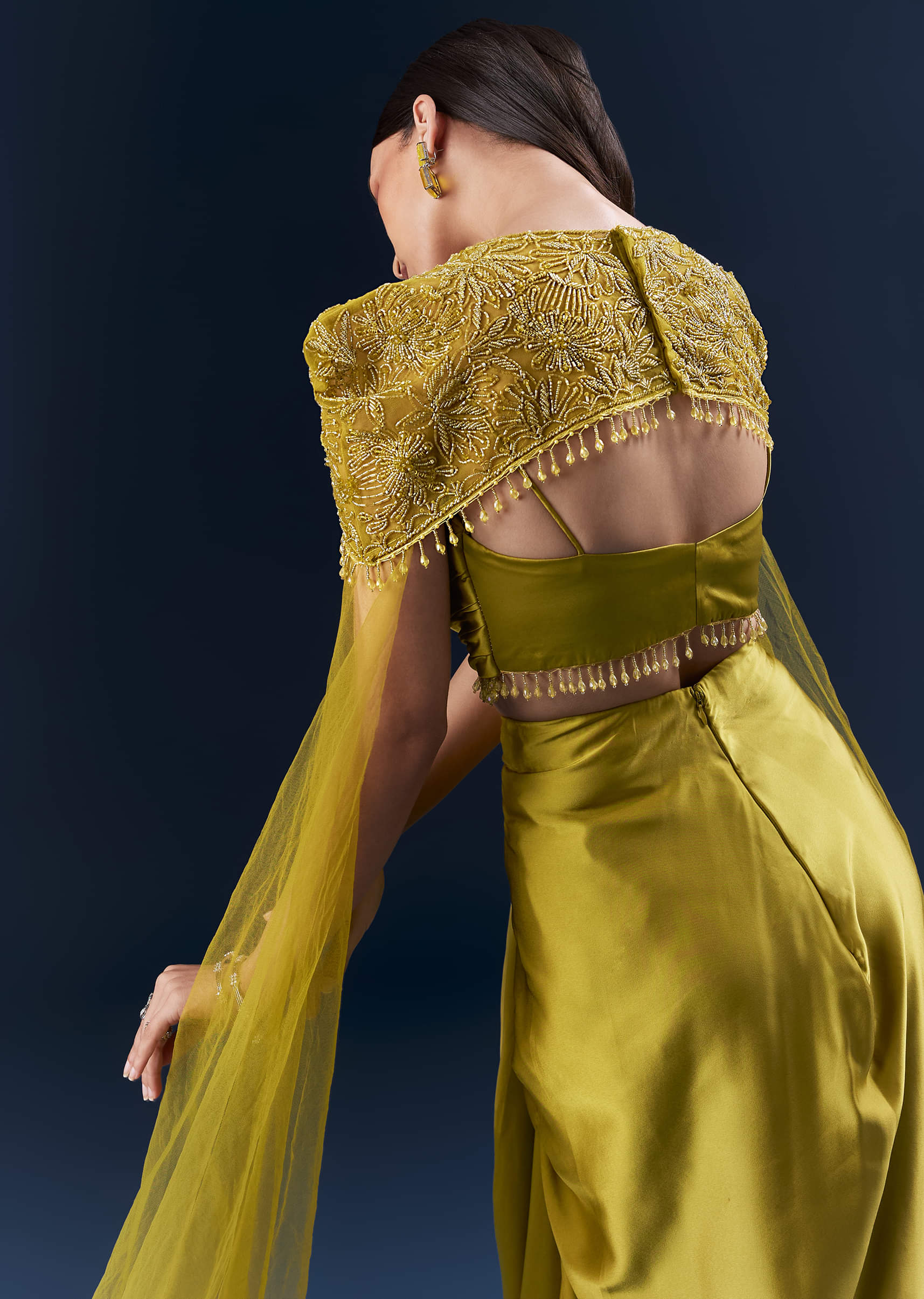 Olive Green Satin Crop Top And Drape Skirt Set With Embroidery - Image 6